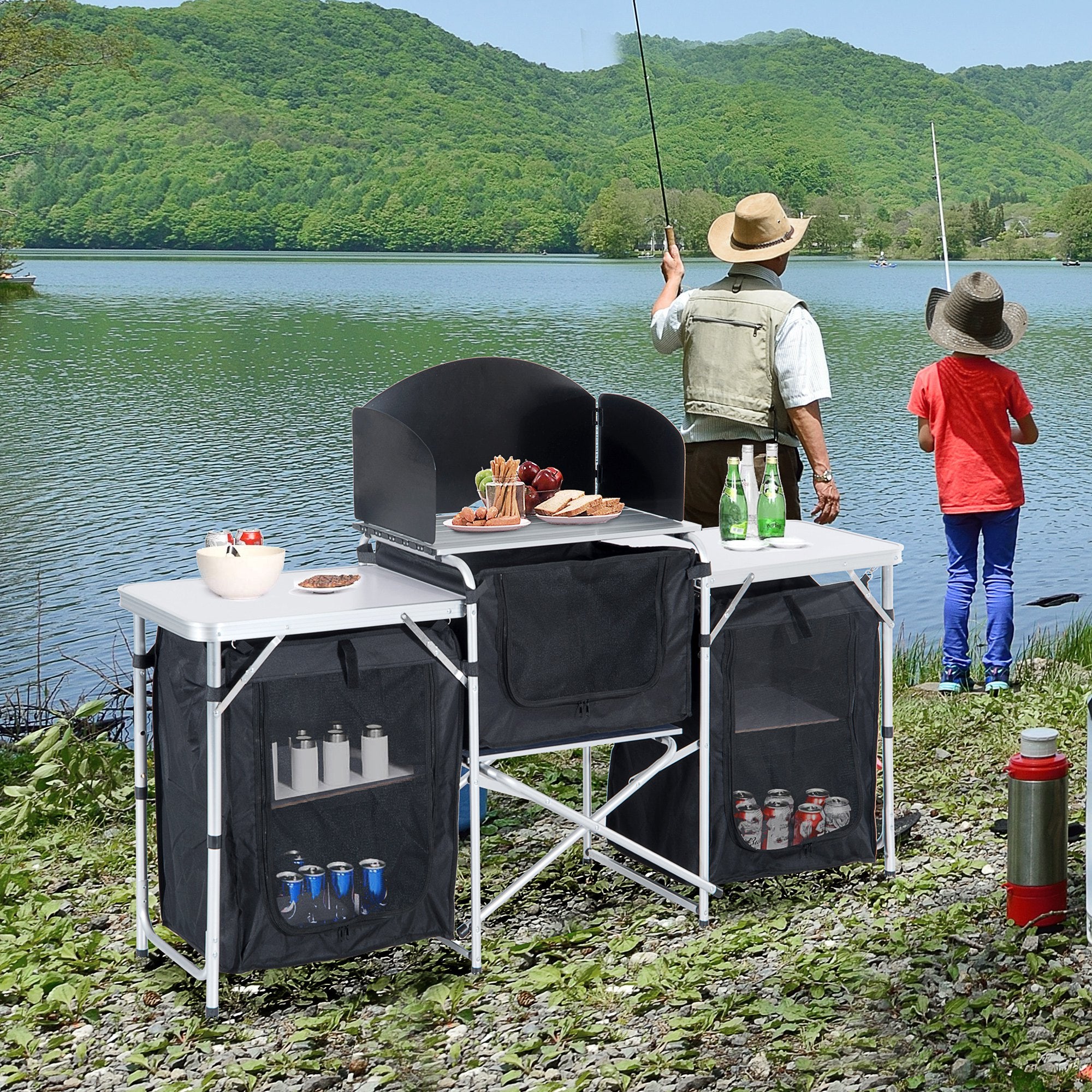 Outsunny Folding Camping Table, Aluminum Portable Camping Kitchen Table with Storage Carrying Bag, Windscreen and 3 Enclosed Cupboards for BBQ, Party, Picnics, Backyards, Black
