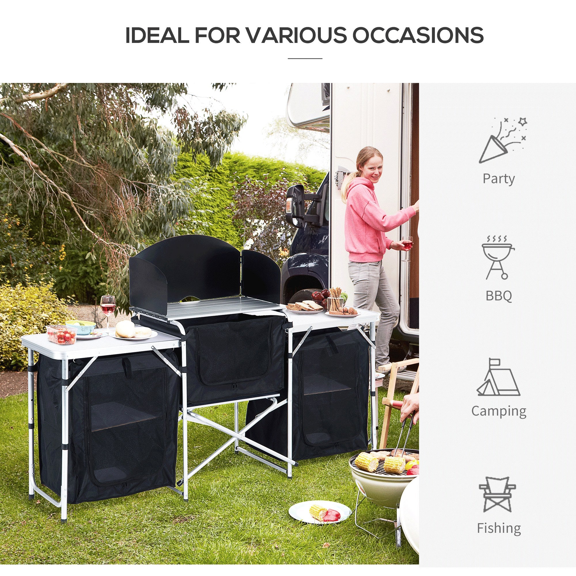 Outsunny Folding Camping Table, Aluminum Portable Camping Kitchen Table with Storage Carrying Bag, Windscreen and 3 Enclosed Cupboards for BBQ, Party, Picnics, Backyards, Black