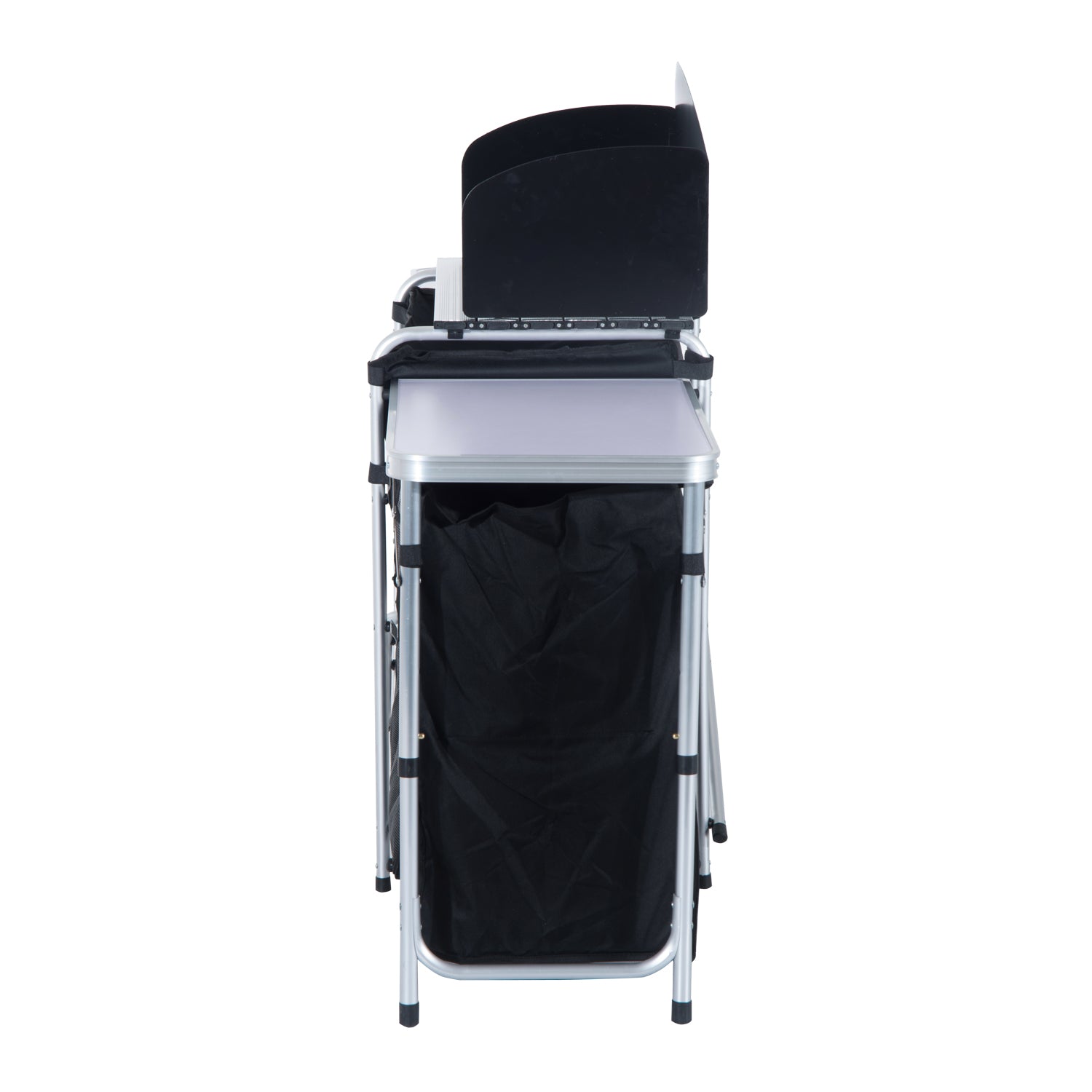 Outsunny Folding Camping Table, Aluminum Portable Camping Kitchen Table with Storage Carrying Bag, Windscreen and 3 Enclosed Cupboards for BBQ, Party, Picnics, Backyards, Black