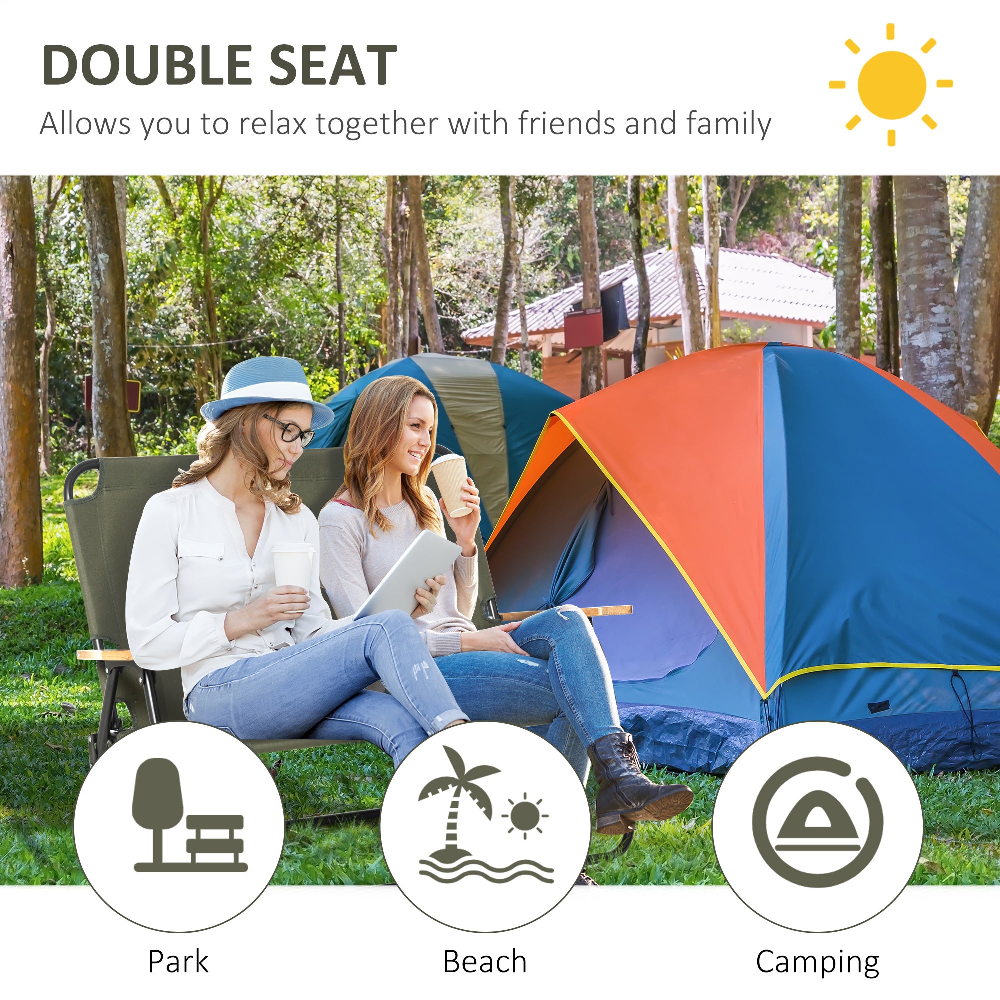 Outsunny Double Folding Chair, Loveseat Camping Chair for 2 Person, Portable Outdoor Chair with Wood Armrest for Fishing Travel, Green