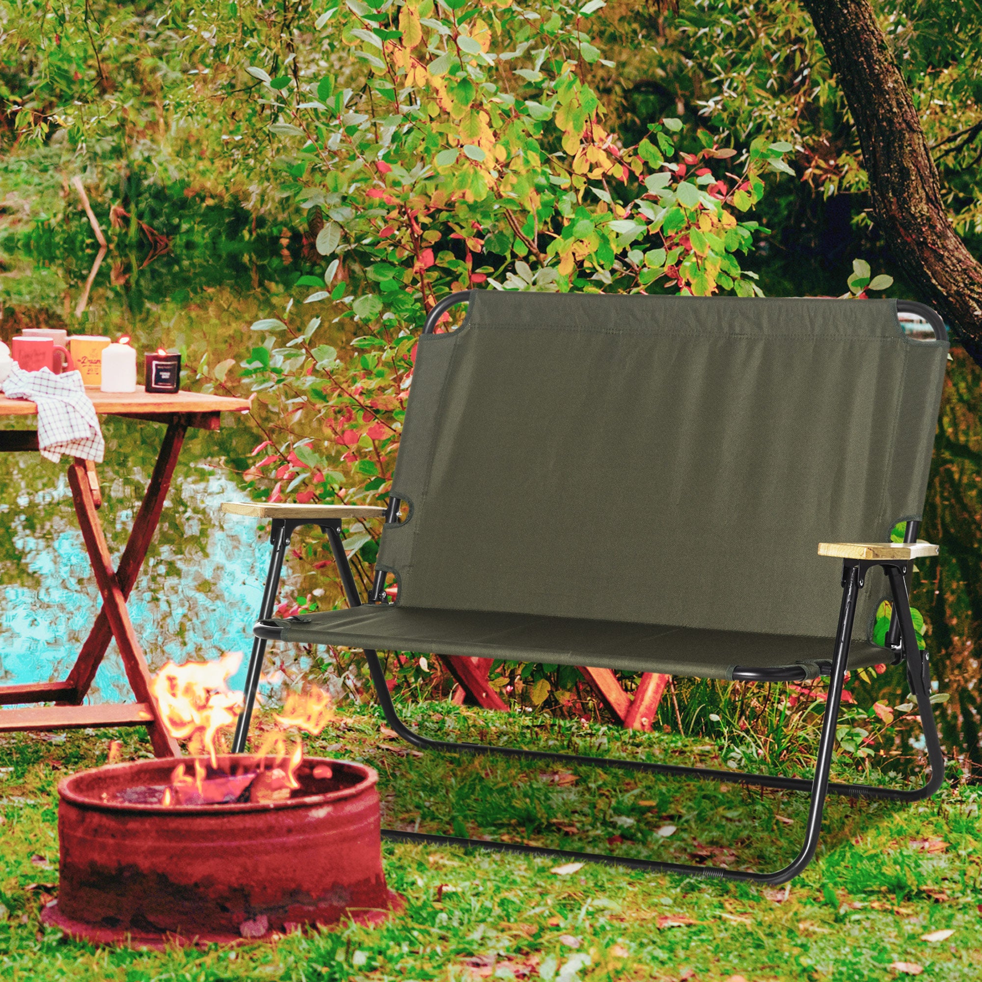 Outsunny Double Folding Chair, Loveseat Camping Chair for 2 Person, Portable Outdoor Chair with Wood Armrest for Fishing Travel, Green