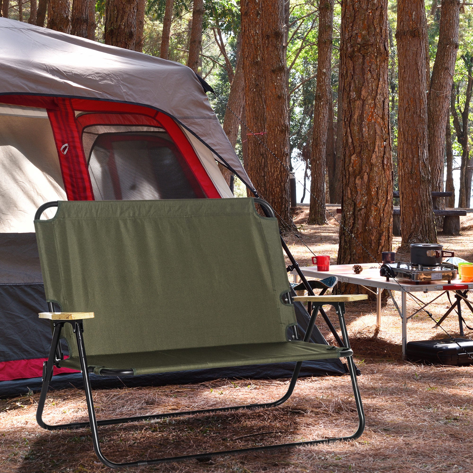 Outsunny Double Folding Chair, Loveseat Camping Chair for 2 Person, Portable Outdoor Chair with Wood Armrest for Fishing Travel, Green