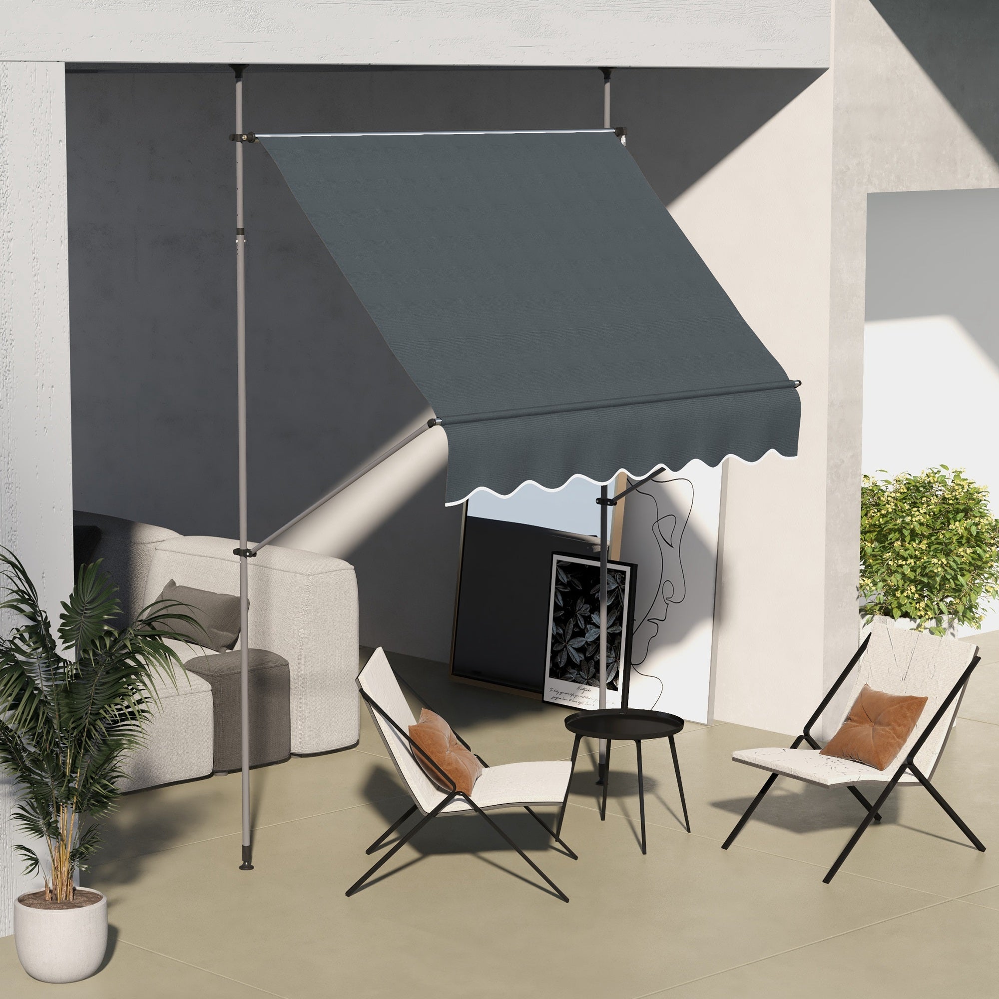 Outsunny 6.5' x 4' Manual Retractable Awning, Non-Screw Freestanding Patio Sun Shade Shelter with Support Stand and UV-resistant fabric for Window, Door Porch, Deck, Dark Grey