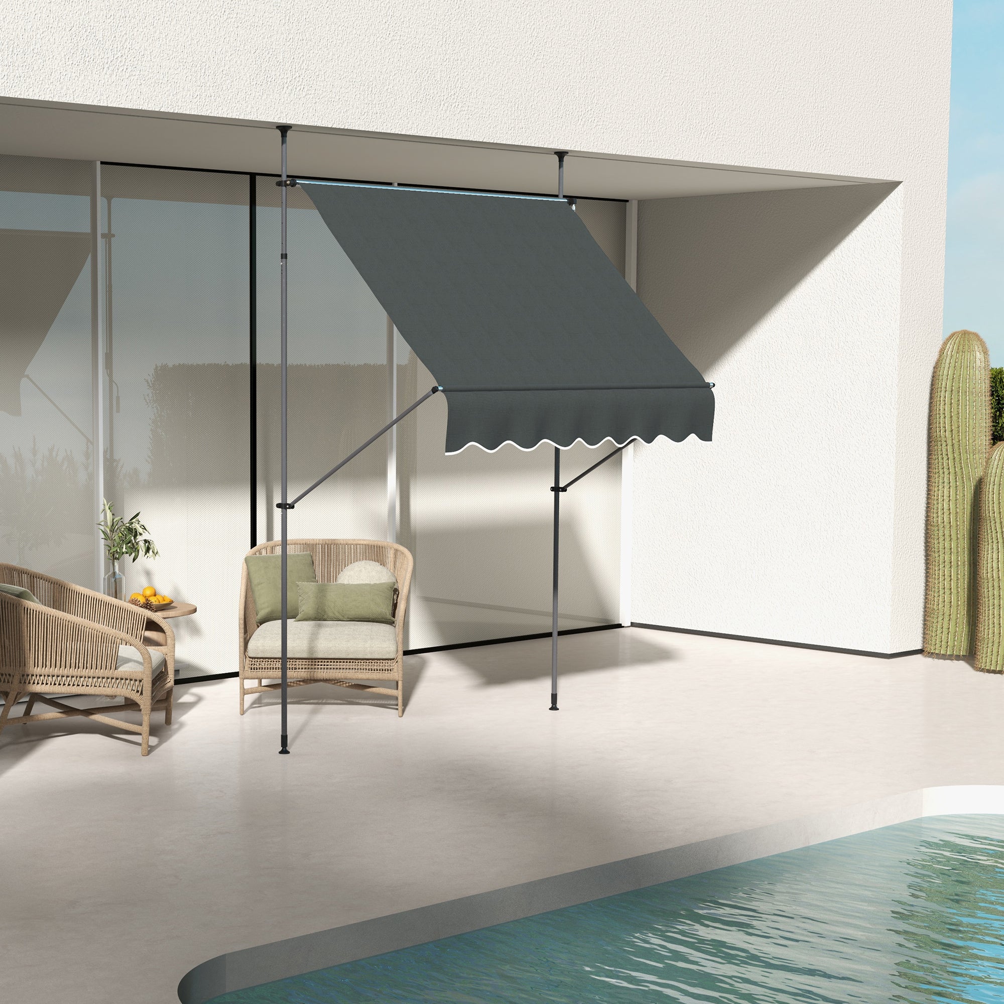 Outsunny 6.5' x 4' Manual Retractable Awning, Non-Screw Freestanding Patio Sun Shade Shelter with Support Stand and UV-resistant fabric for Window, Door Porch, Deck, Dark Grey