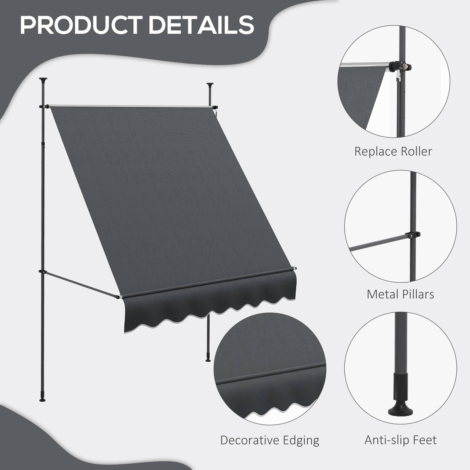 Outsunny 6.5' x 4' Manual Retractable Awning, Non-Screw Freestanding Patio Sun Shade Shelter with Support Stand and UV-resistant fabric for Window, Door Porch, Deck, Dark Grey