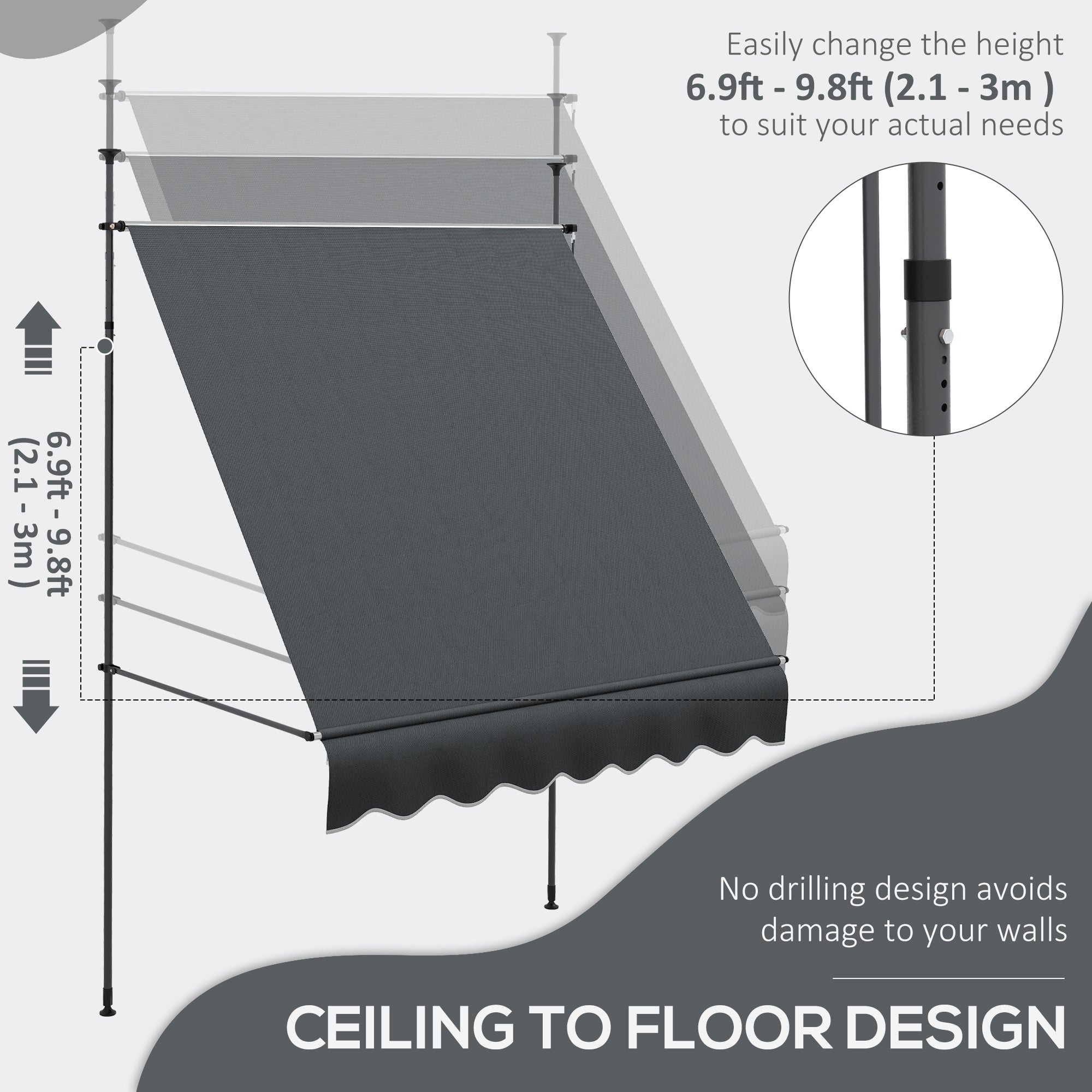 Outsunny 6.5' x 4' Manual Retractable Awning, Non-Screw Freestanding Patio Sun Shade Shelter with Support Stand and UV-resistant fabric for Window, Door Porch, Deck, Dark Grey