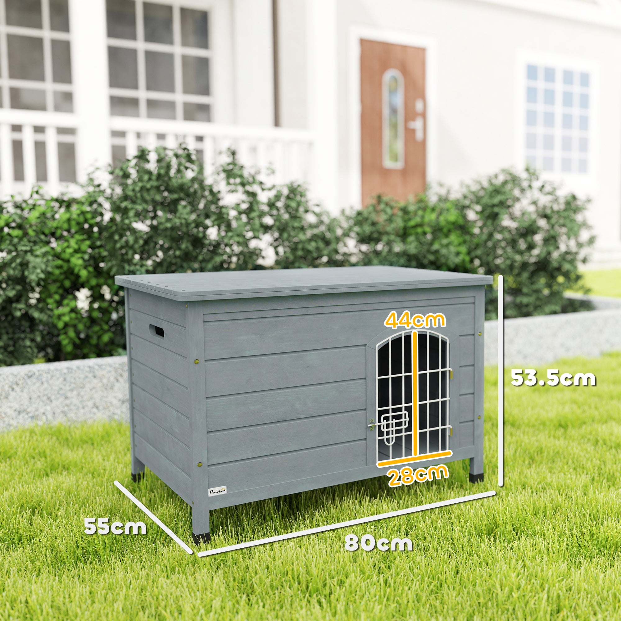 PawHut Wooden Dog House with Removable Bottom, Outdoor Dog Kennel with Wire Door, Openable Top, Pet Shelter for Small Dogs, 80 x 55 x 53.5cm, Grey