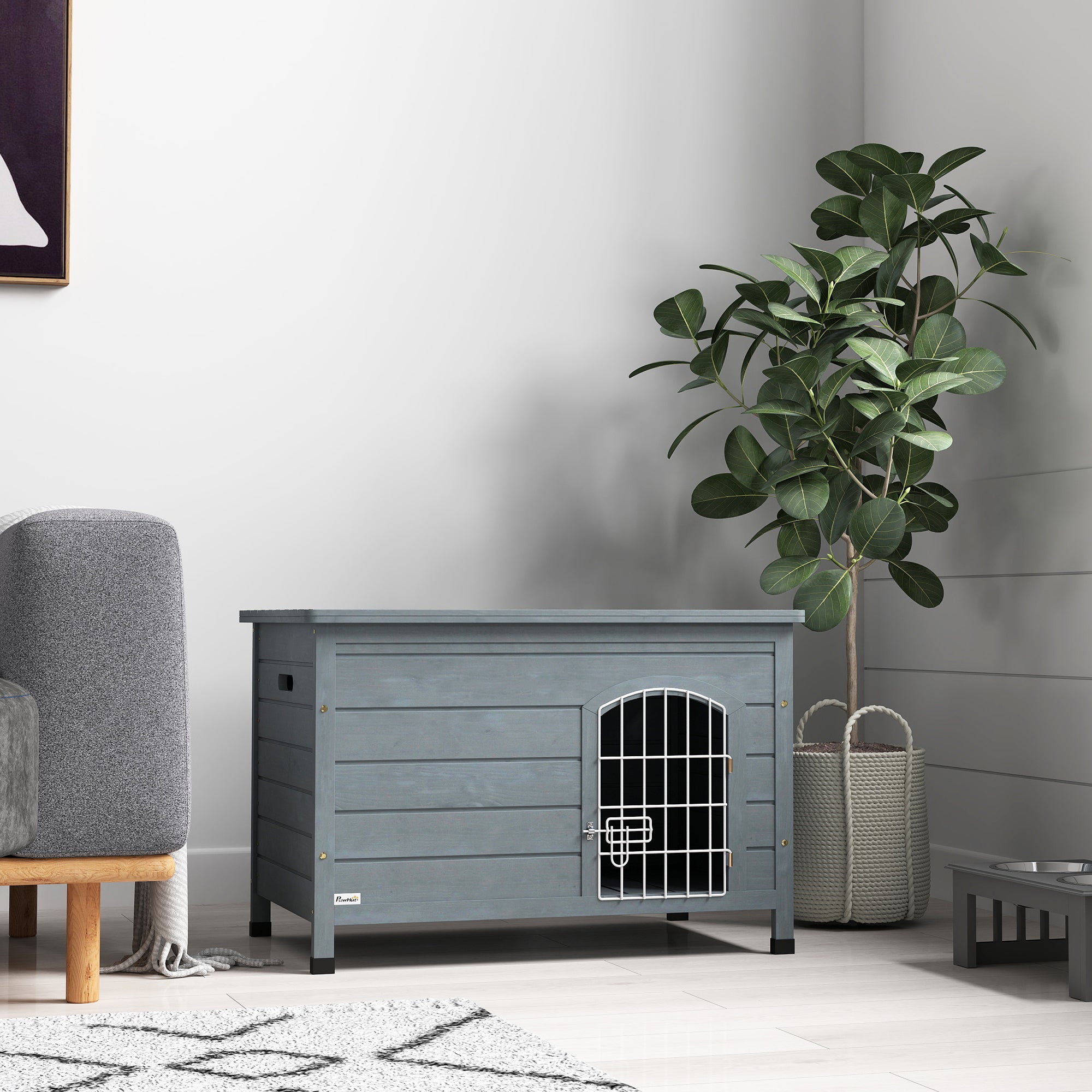 PawHut Wooden Dog House with Removable Bottom, Outdoor Dog Kennel with Wire Door, Openable Top, Pet Shelter for Small Dogs, 80 x 55 x 53.5cm, Grey
