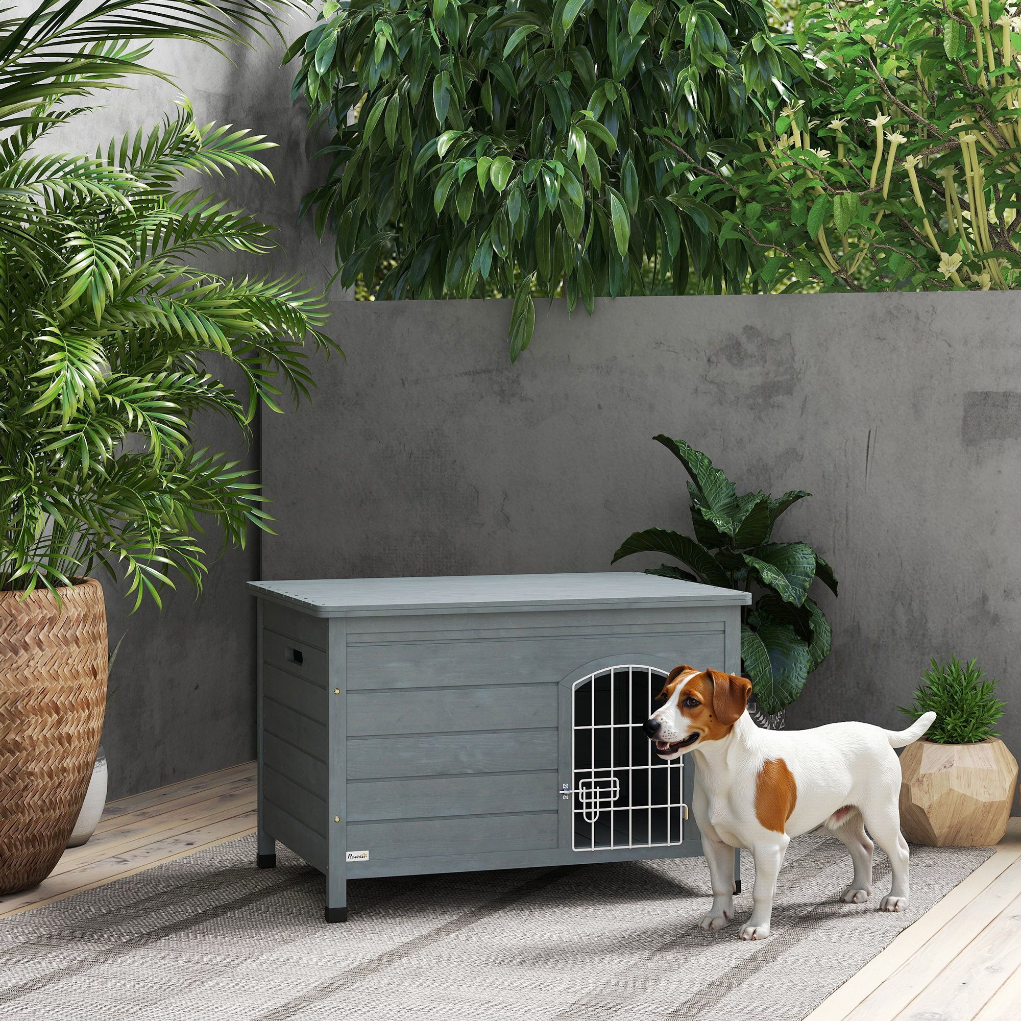 PawHut Wooden Dog House with Removable Bottom, Outdoor Dog Kennel with Wire Door, Openable Top, Pet Shelter for Small Dogs, 80 x 55 x 53.5cm, Grey