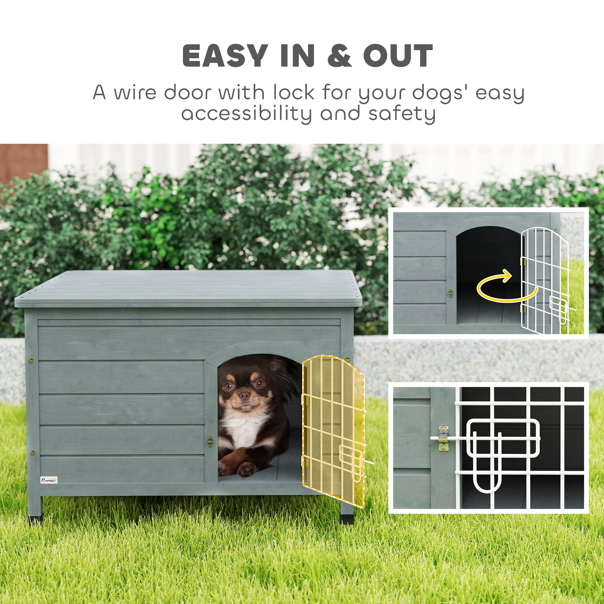 PawHut Wooden Dog House with Removable Bottom, Outdoor Dog Kennel with Wire Door, Openable Top, Pet Shelter for Small Dogs, 80 x 55 x 53.5cm, Grey