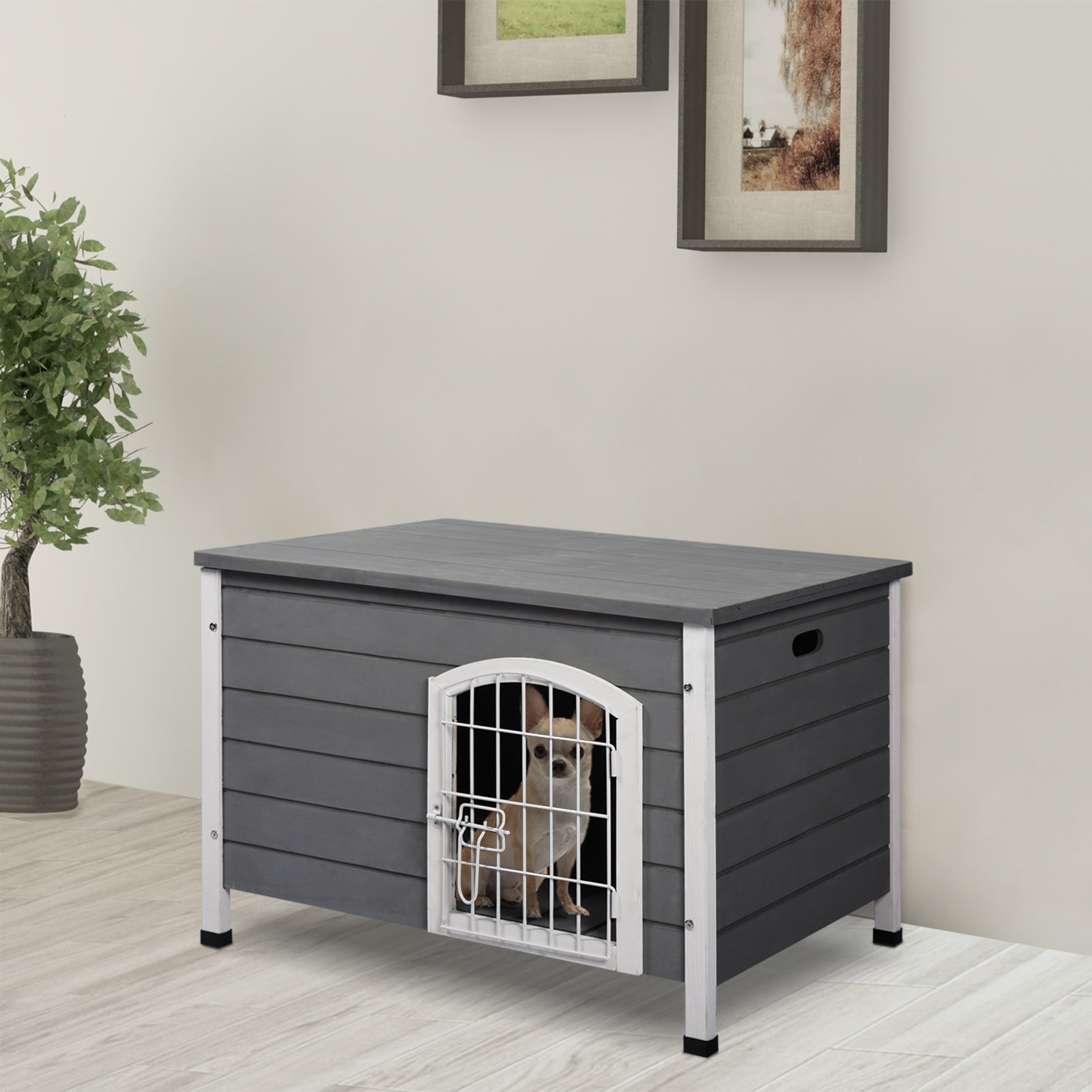 PawHut 31" Folding Dog House, Portable Pet Crate Kennel, Wooden Wire Cage for Miniature and Small Sized Dogs with Lockable Doors Open Top Removable Tray, Grey