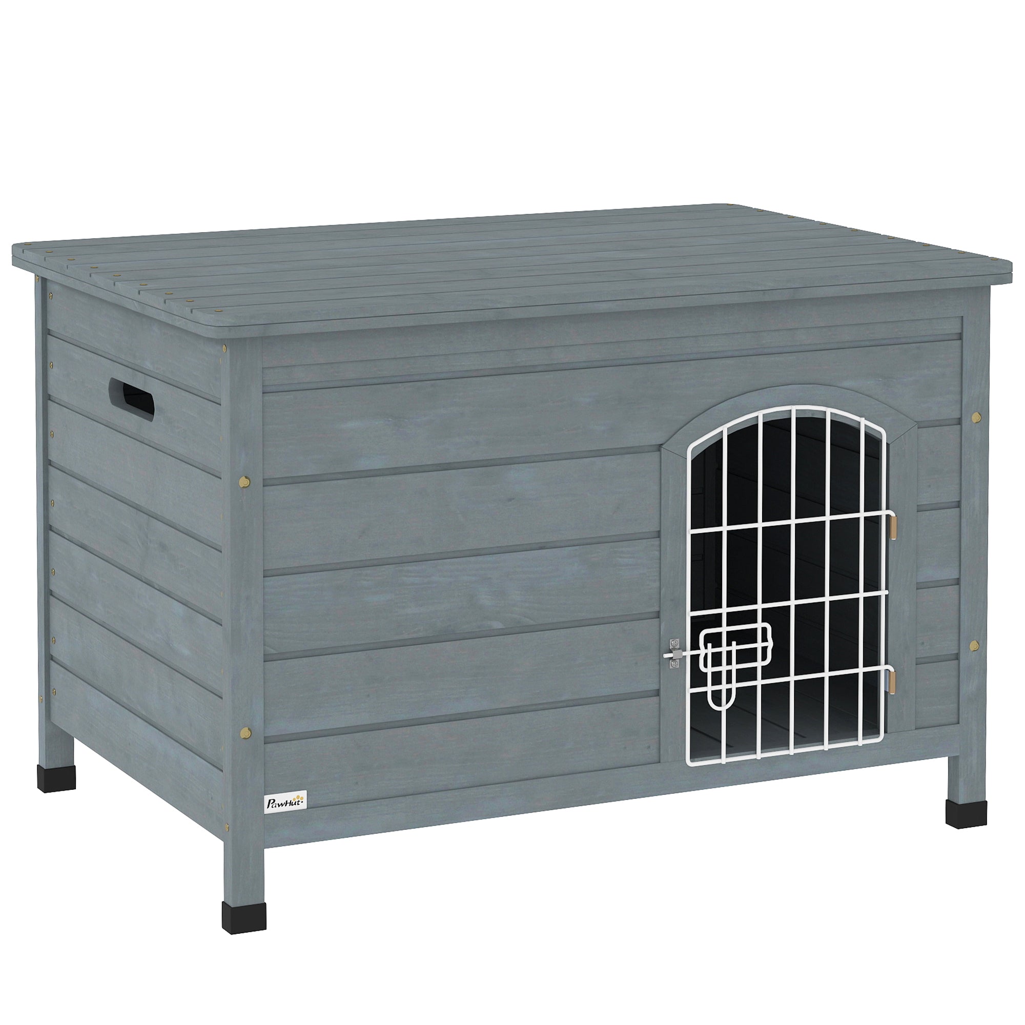 PawHut Wooden Dog House with Removable Bottom, Outdoor Dog Kennel with Wire Door, Openable Top, Pet Shelter for Small Dogs, 80 x 55 x 53.5cm, Grey