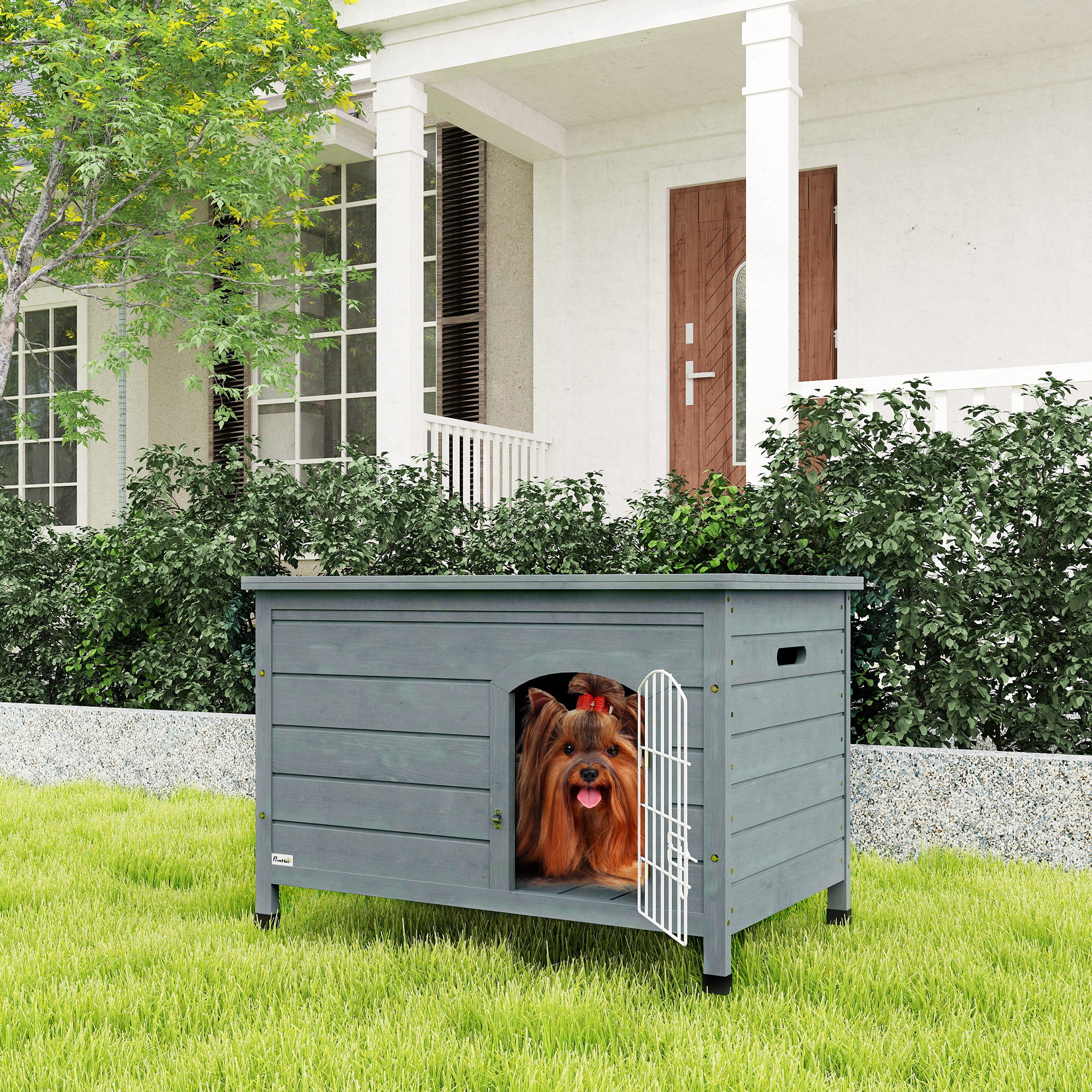 PawHut Wooden Dog House with Removable Bottom, Outdoor Dog Kennel with Wire Door, Openable Top, Pet Shelter for Small Dogs, 80 x 55 x 53.5cm, Grey