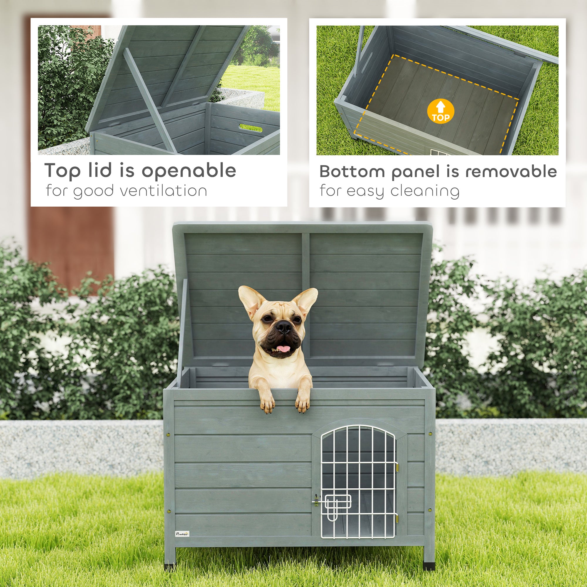 PawHut Wooden Dog House with Removable Bottom, Outdoor Dog Kennel with Wire Door, Openable Top, Pet Shelter for Small Dogs, 80 x 55 x 53.5cm, Grey