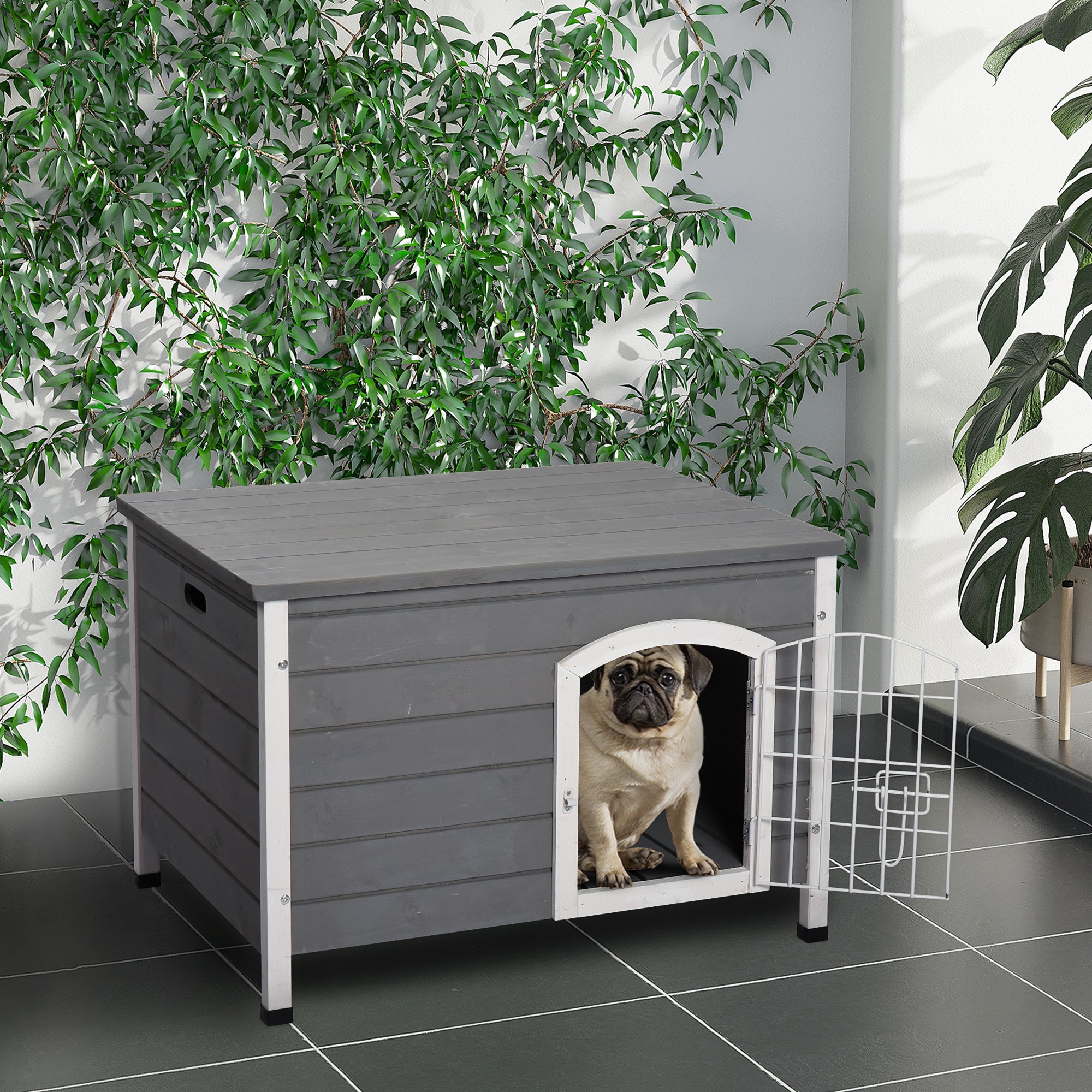 PawHut 31" Folding Dog House, Portable Pet Crate Kennel, Wooden Wire Cage for Miniature and Small Sized Dogs with Lockable Doors Open Top Removable Tray, Grey