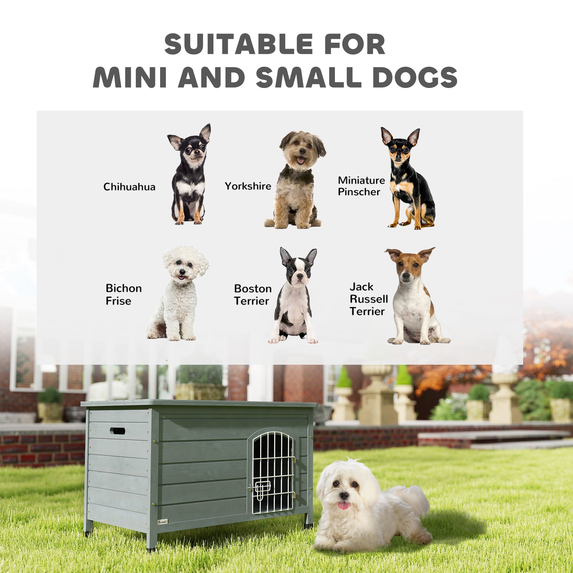 PawHut Wooden Dog House with Removable Bottom, Outdoor Dog Kennel with Wire Door, Openable Top, Pet Shelter for Small Dogs, 80 x 55 x 53.5cm, Grey