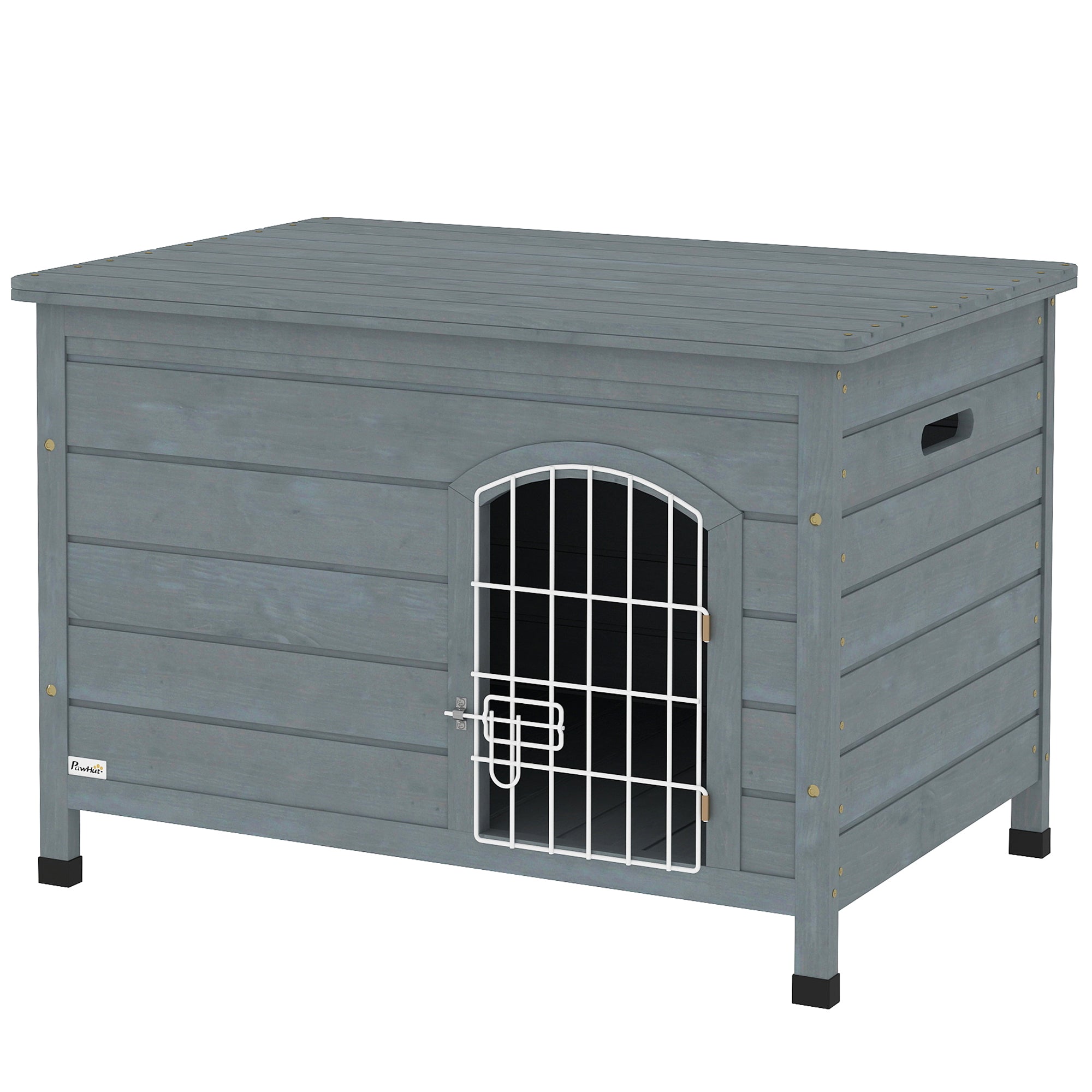 PawHut Wooden Dog House with Removable Bottom, Outdoor Dog Kennel with Wire Door, Openable Top, Pet Shelter for Small Dogs, 80 x 55 x 53.5cm, Grey