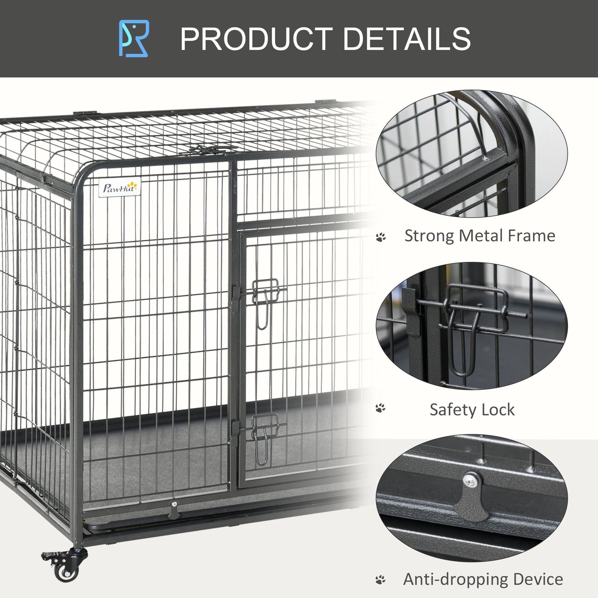 PawHut Folding Heavy Duty Dog Crate Heavy Duty Cage for Extra Large Sized Dogs with Double Doors, Lockable Wheels Tray, 49" x 30" x 32"