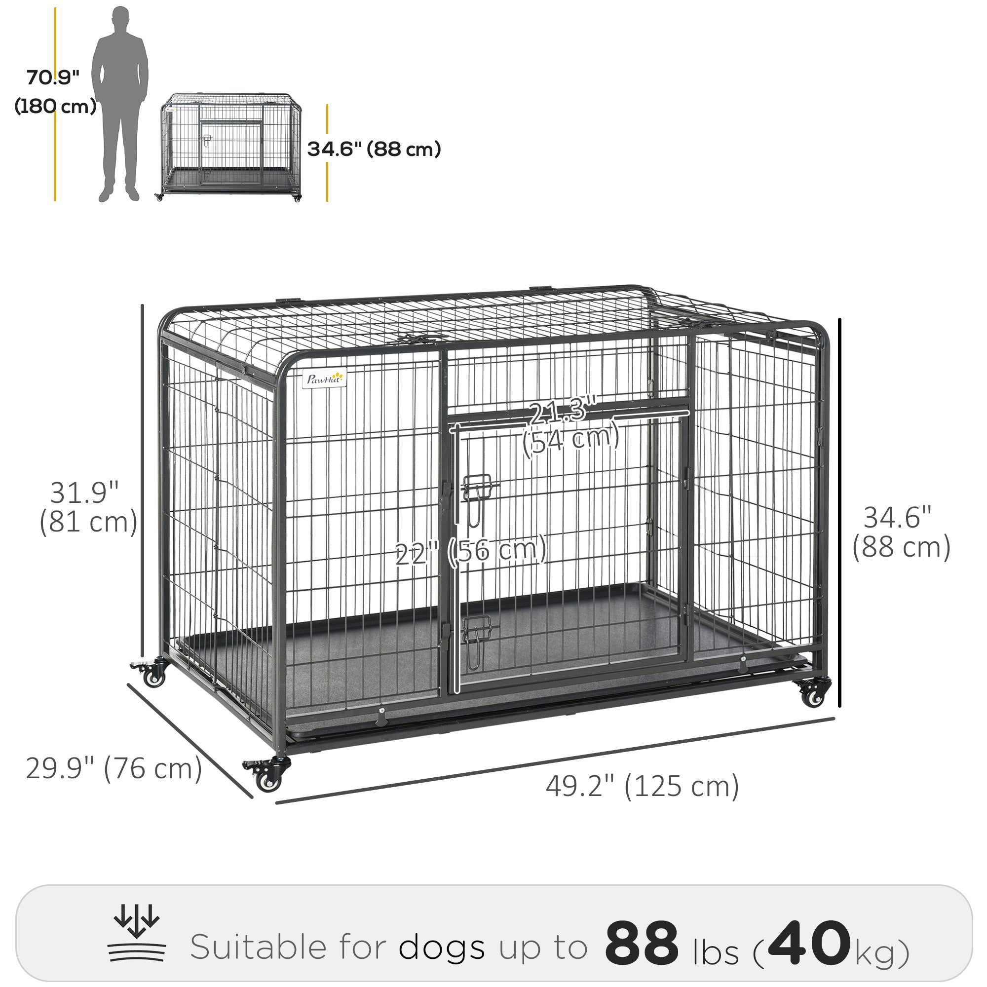 PawHut Folding Heavy Duty Dog Crate Heavy Duty Cage for Extra Large Sized Dogs with Double Doors, Lockable Wheels Tray, 49" x 30" x 32"