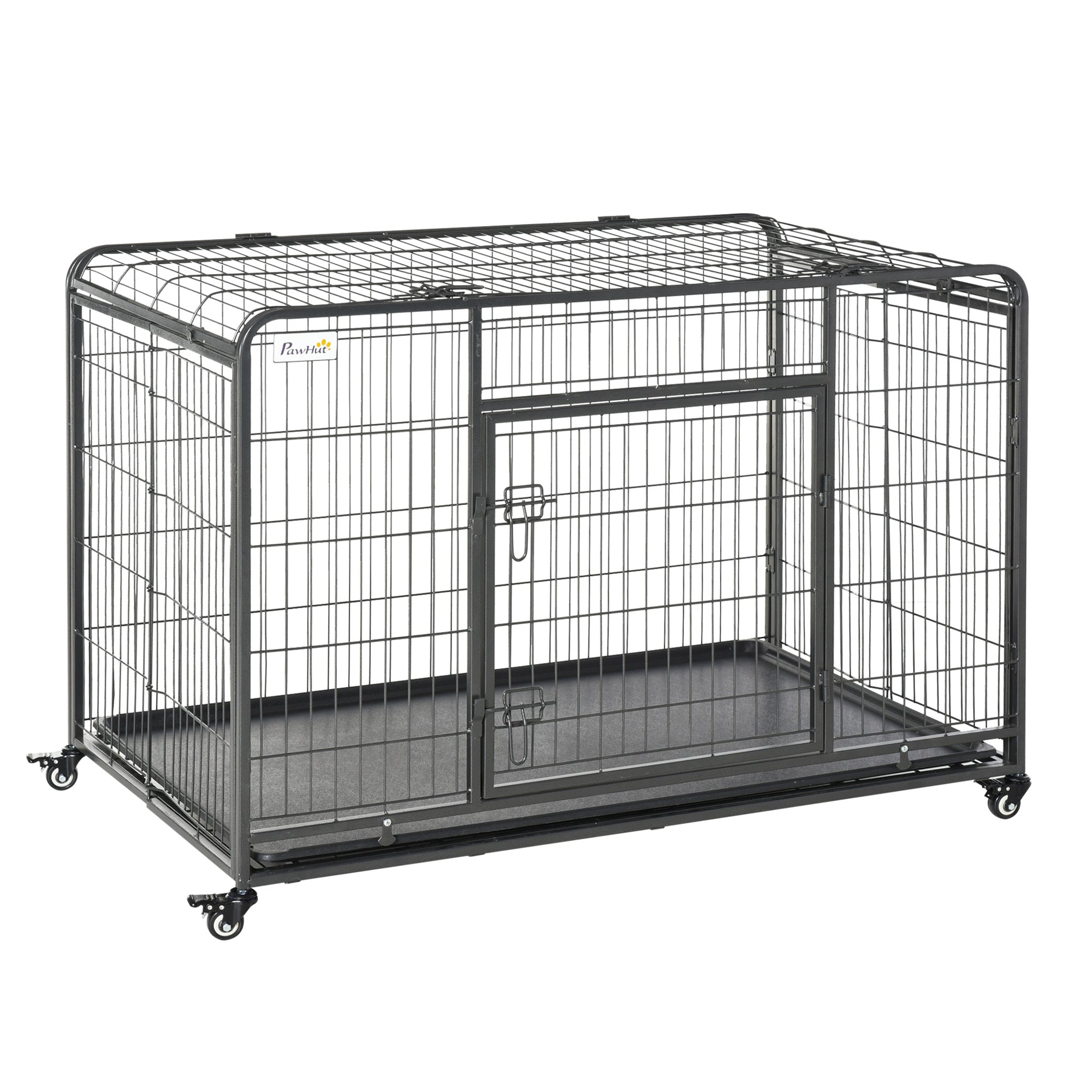 PawHut Folding Heavy Duty Dog Crate Heavy Duty Cage for Extra Large Sized Dogs with Double Doors, Lockable Wheels Tray, 49" x 30" x 32"