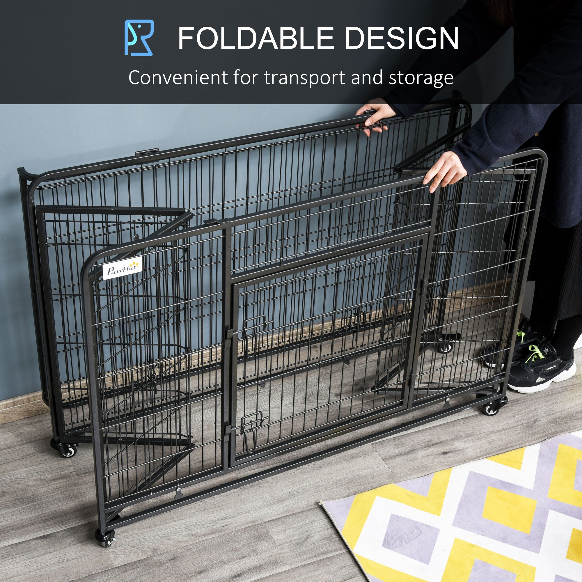PawHut Folding Heavy Duty Dog Crate Heavy Duty Cage for Extra Large Sized Dogs with Double Doors, Lockable Wheels Tray, 49" x 30" x 32"