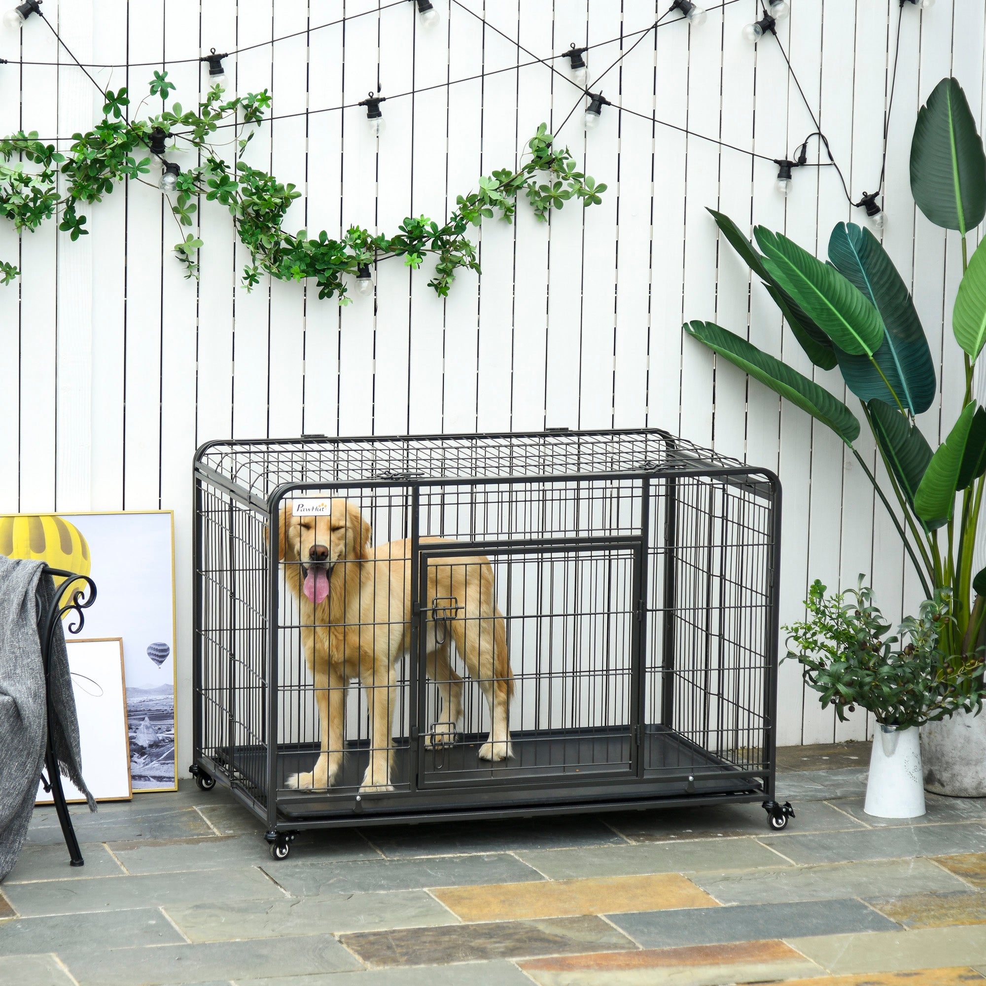 PawHut Folding Heavy Duty Dog Crate Heavy Duty Cage for Extra Large Sized Dogs with Double Doors, Lockable Wheels Tray, 49" x 30" x 32"