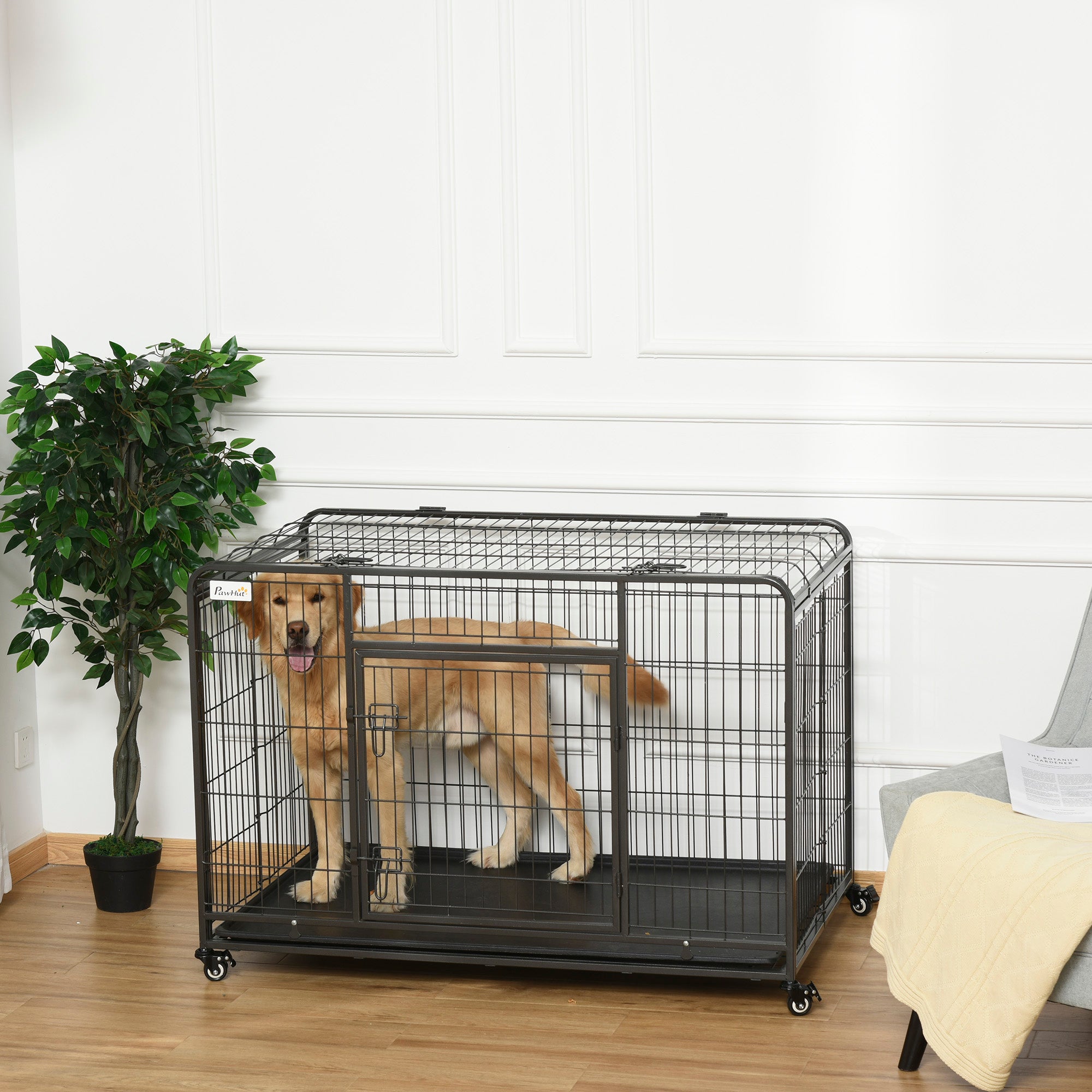 PawHut Metal Dog Cage Kennel Locking Door & Wheels Removable Tray Openable Top For Extra Large Pets 125 x 76 x 81 cm