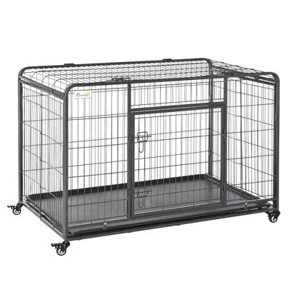 PawHut Folding Heavy Duty Dog Crate Heavy Duty Cage for Extra Large Sized Dogs with Double Doors, Lockable Wheels Tray, 49" x 30" x 32"