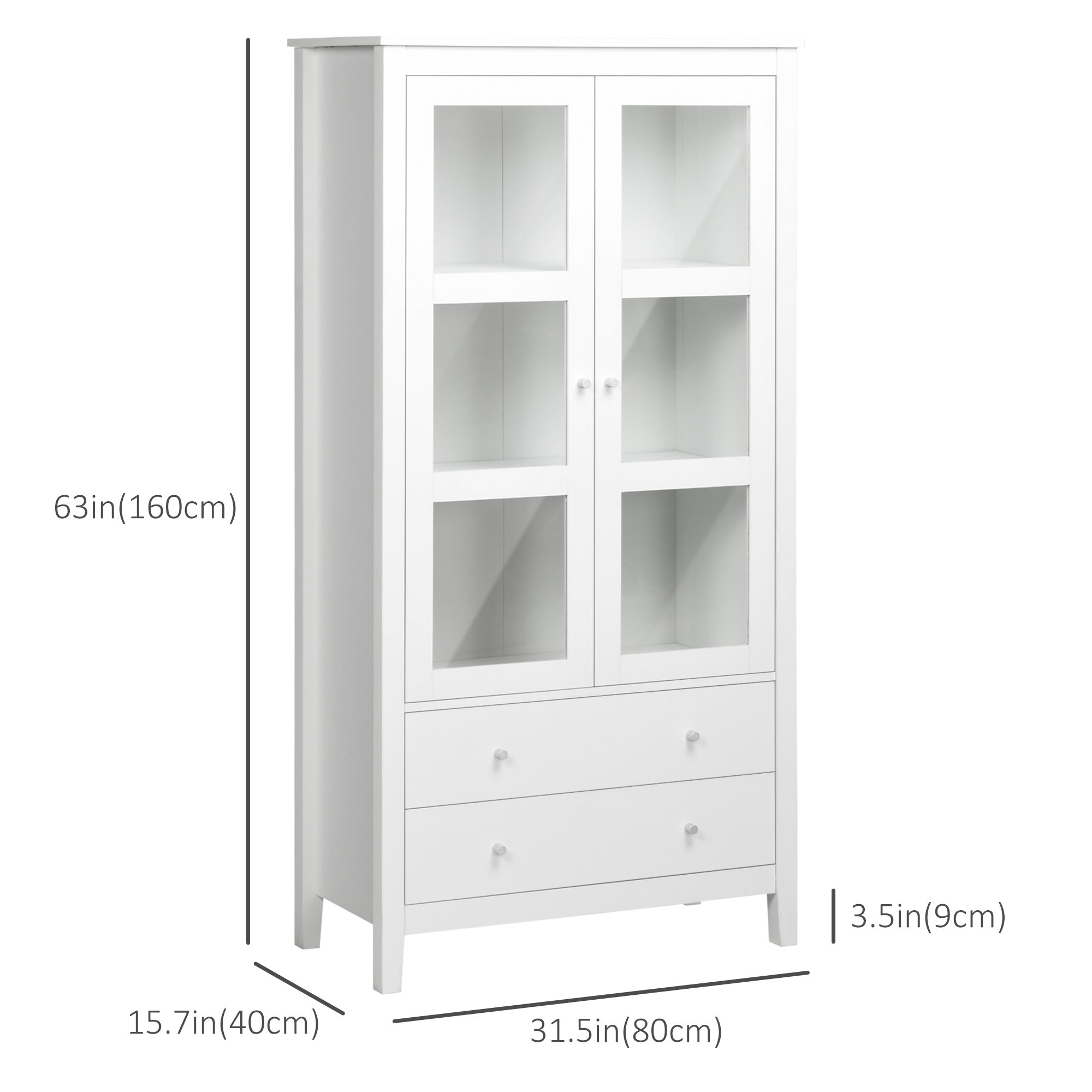 HOMCOM Kitchen Pantry Storage Cabinet, Freestanding Cupboard with 3-tier Shelves, 2 Drawers, Glass Doors and Soft Close Hinges, White