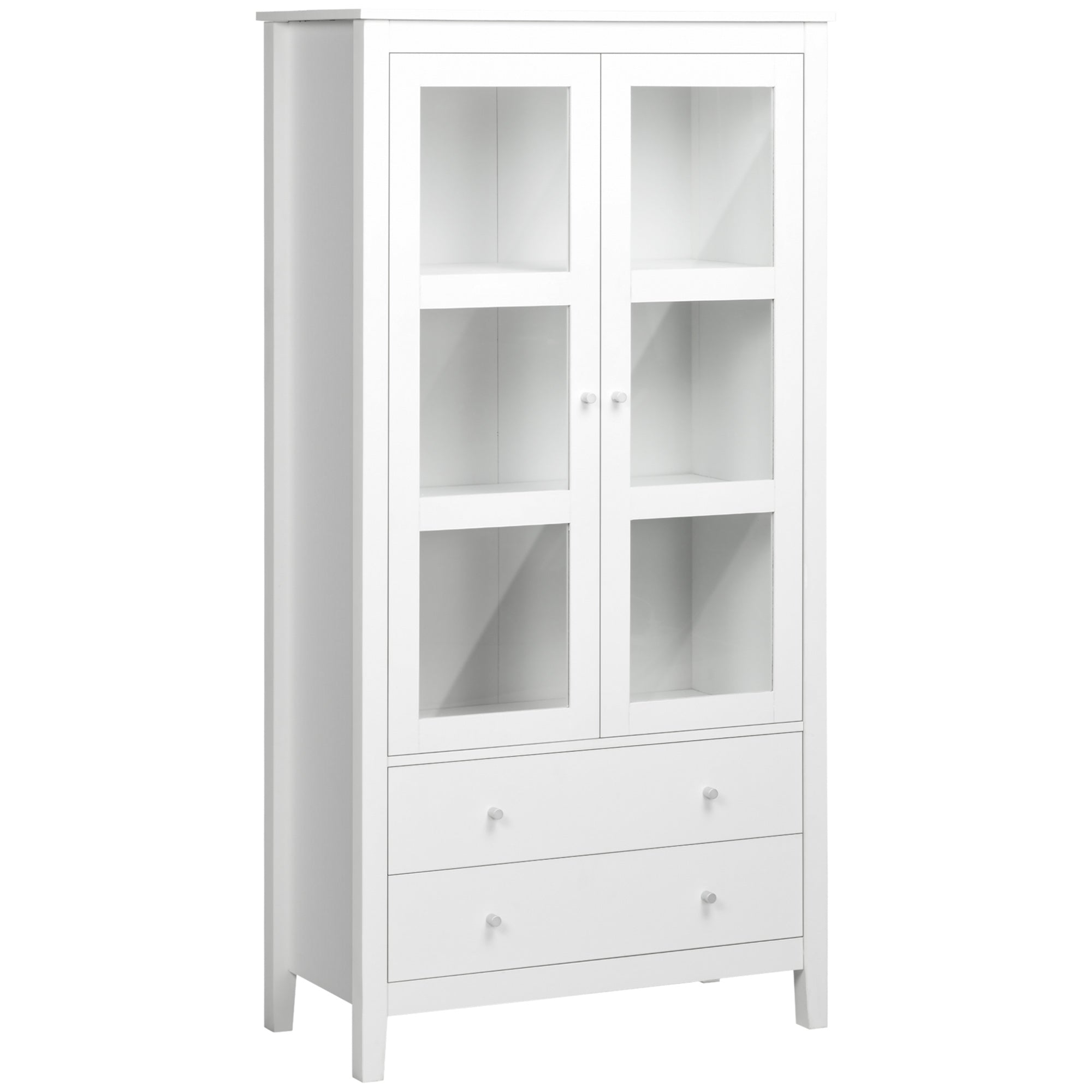HOMCOM Kitchen Pantry Storage Cabinet, Freestanding Cupboard with 3-tier Shelves, 2 Drawers, Glass Doors and Soft Close Hinges, White