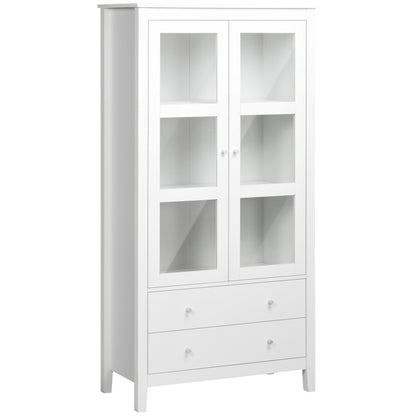 HOMCOM Kitchen Pantry Storage Cabinet, Freestanding Cupboard with 3-tier Shelves, 2 Drawers, Glass Doors and Soft Close Hinges, White