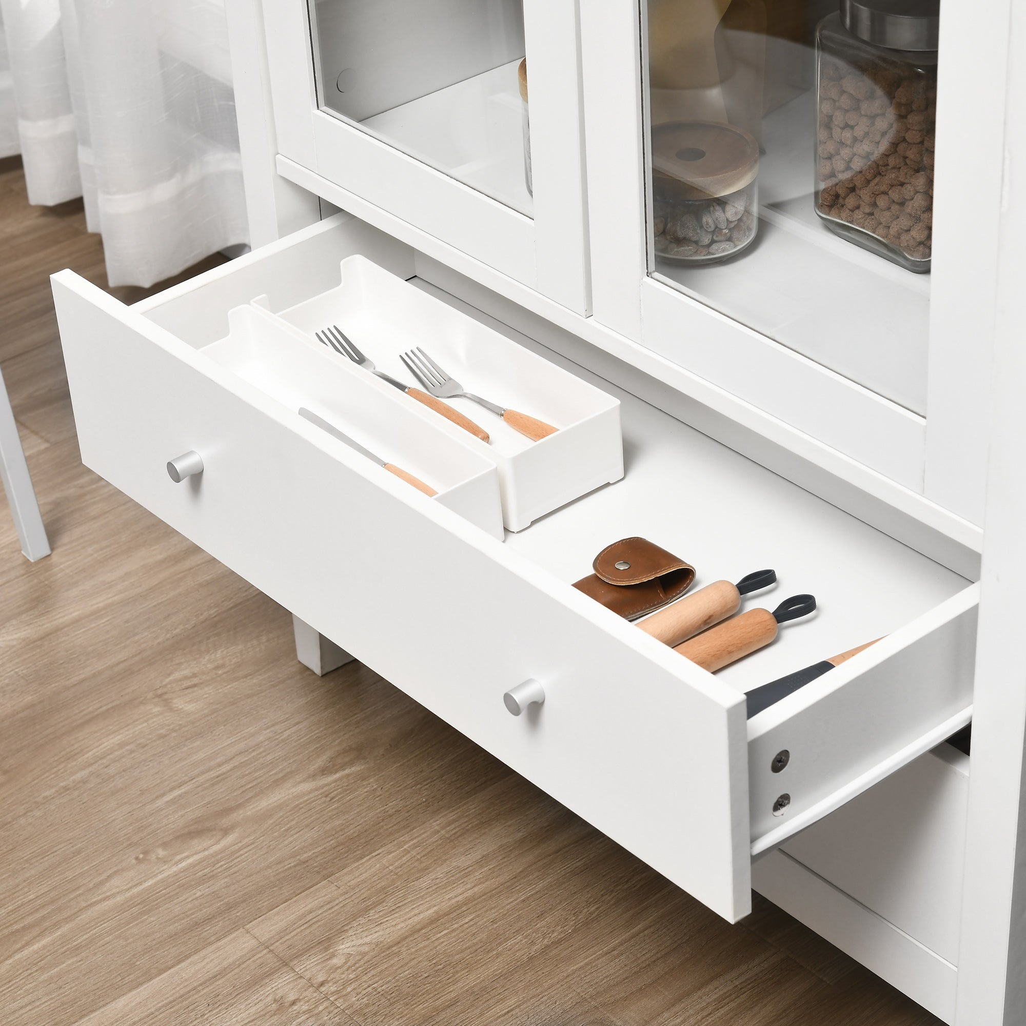 HOMCOM Kitchen Pantry Storage Cabinet, Freestanding Cupboard with 3-tier Shelves, 2 Drawers, Glass Doors and Soft Close Hinges, White