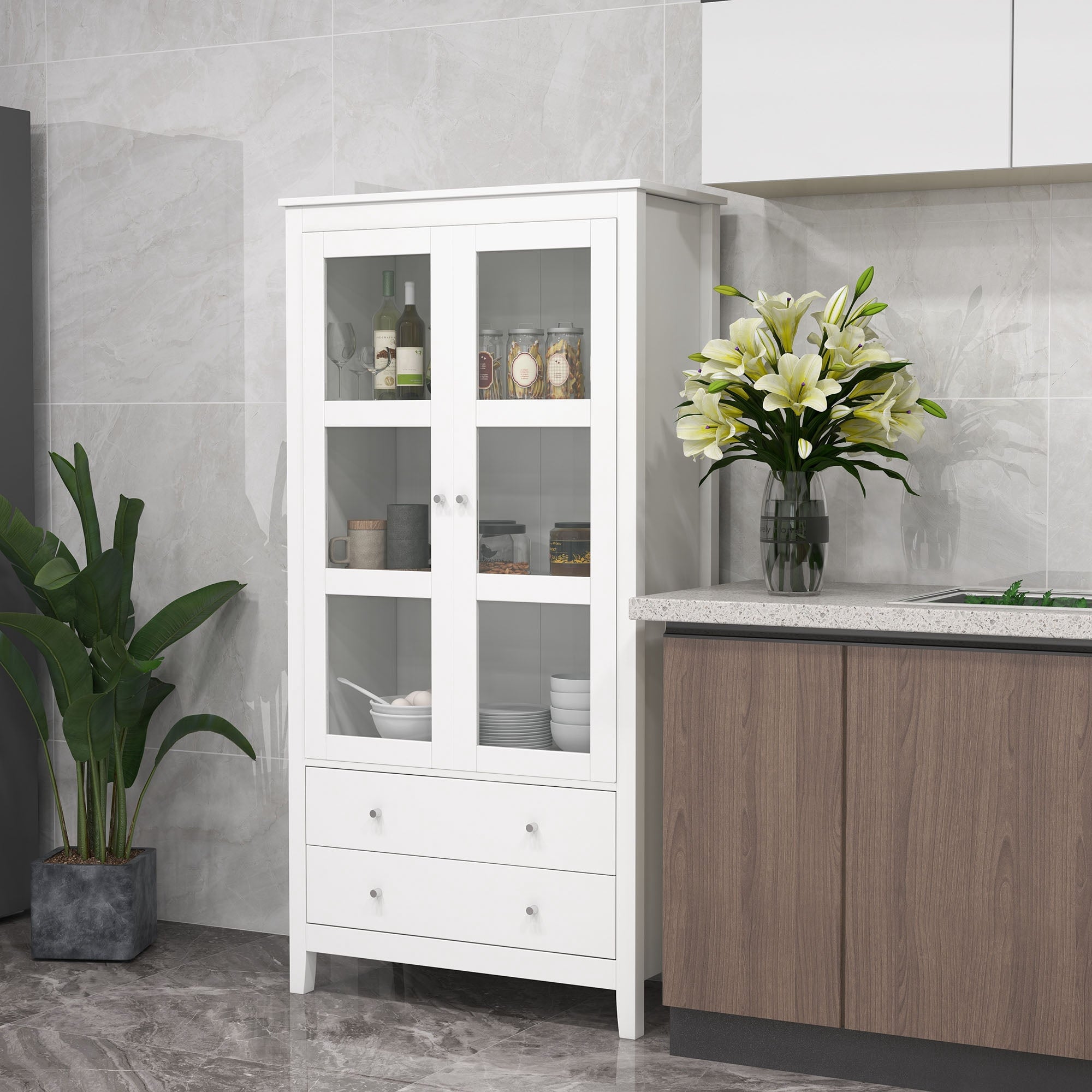 HOMCOM Kitchen Pantry Storage Cabinet, Freestanding Cupboard with 3-tier Shelves, 2 Drawers, Glass Doors and Soft Close Hinges, White
