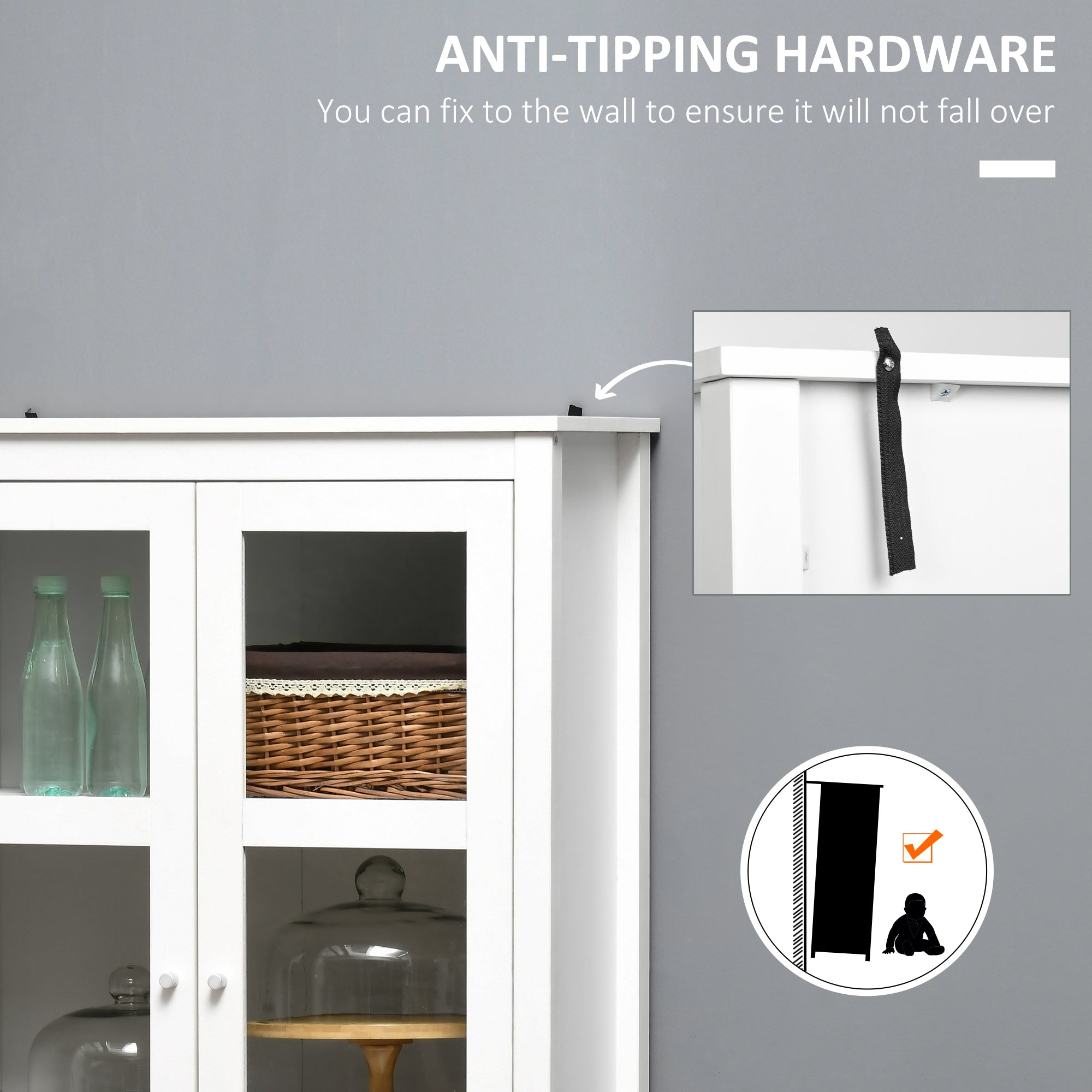 HOMCOM Kitchen Pantry Storage Cabinet, Freestanding Cupboard with 3-tier Shelves, 2 Drawers, Glass Doors and Soft Close Hinges, White