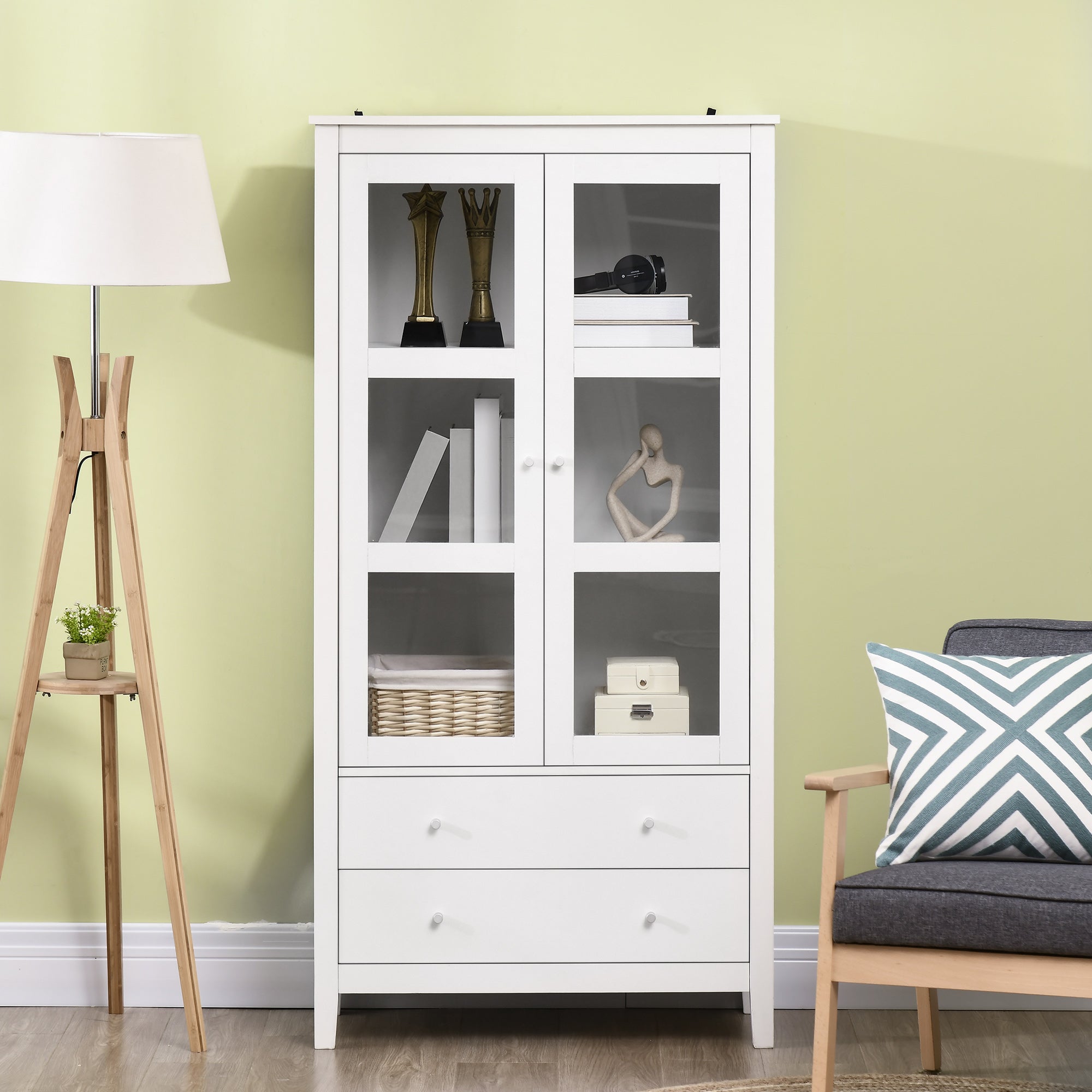 HOMCOM Kitchen Pantry Storage Cabinet, Freestanding Cupboard with 3-tier Shelves, 2 Drawers, Glass Doors and Soft Close Hinges, White