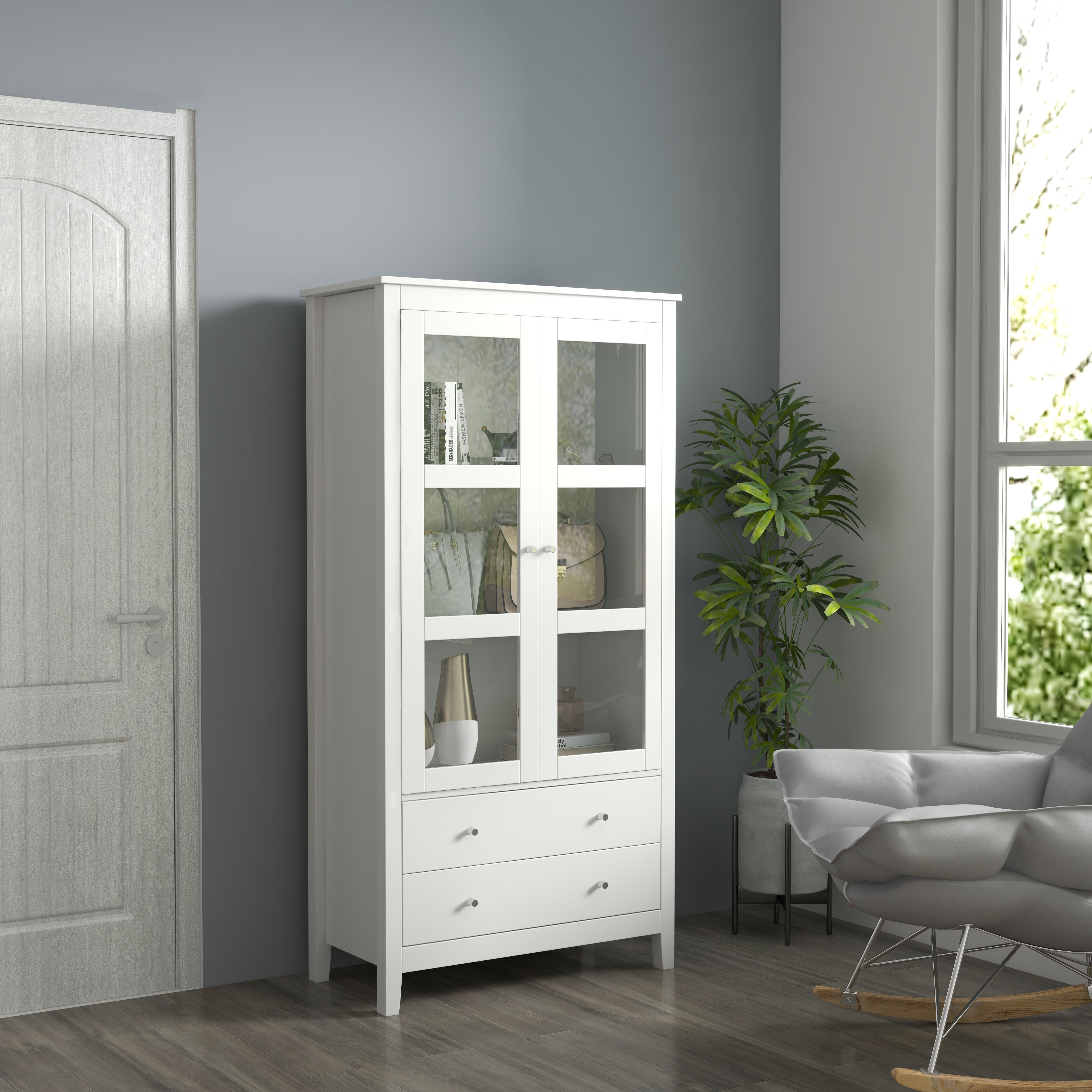 HOMCOM Kitchen Pantry Storage Cabinet, Freestanding Cupboard with 3-tier Shelves, 2 Drawers, Glass Doors and Soft Close Hinges, White