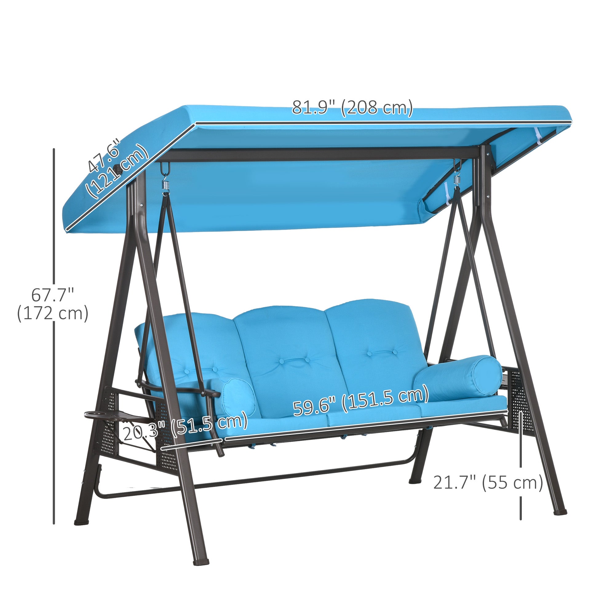 Outsunny 3 Seater Porch Swing Heavy Duty Outdoor Swing Chair Outdoor Lounge Hammock Cushioned Seat w/ Tilt Canopy, Light Blue