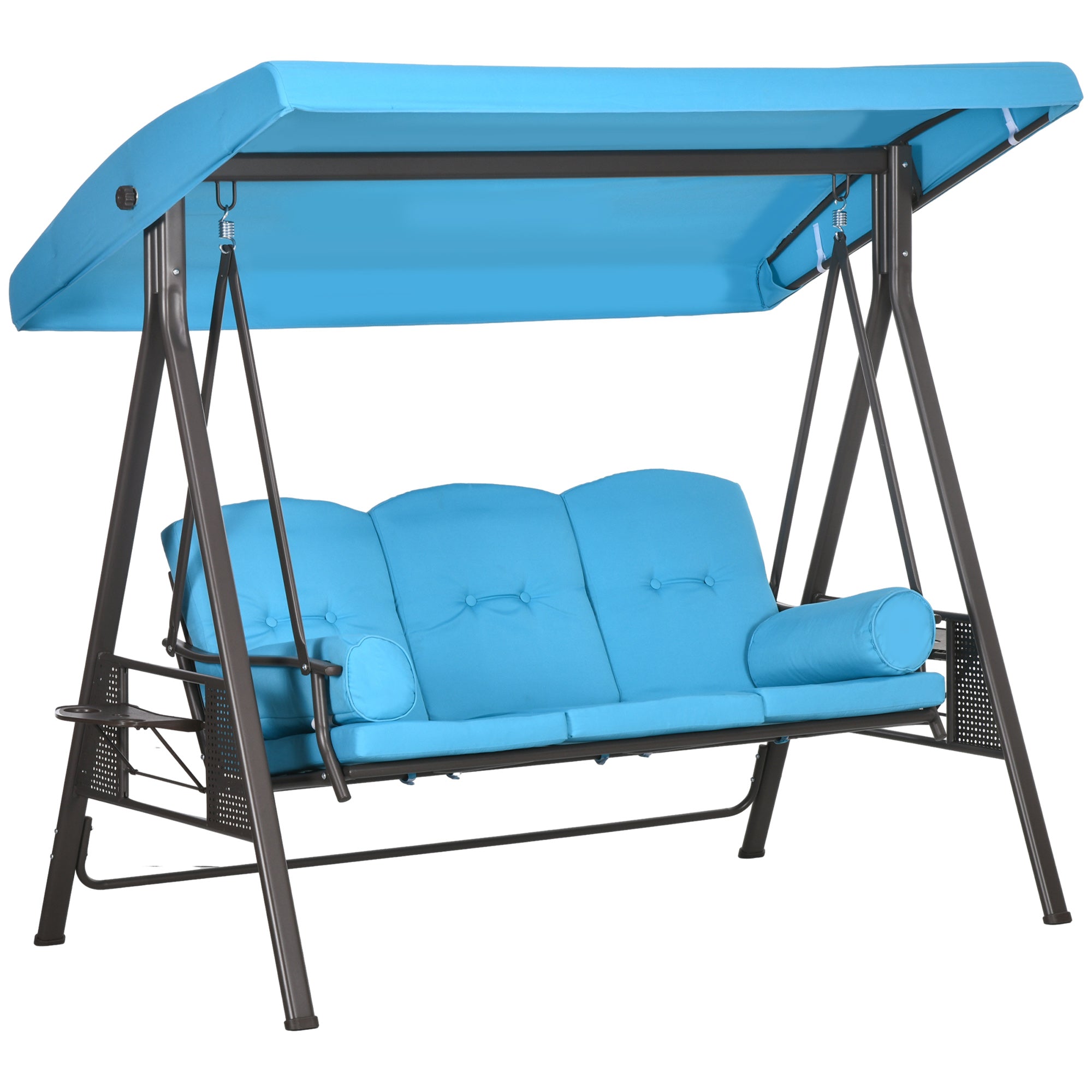 Outsunny 3 Seater Porch Swing Heavy Duty Outdoor Swing Chair Outdoor Lounge Hammock Cushioned Seat w/ Tilt Canopy, Light Blue