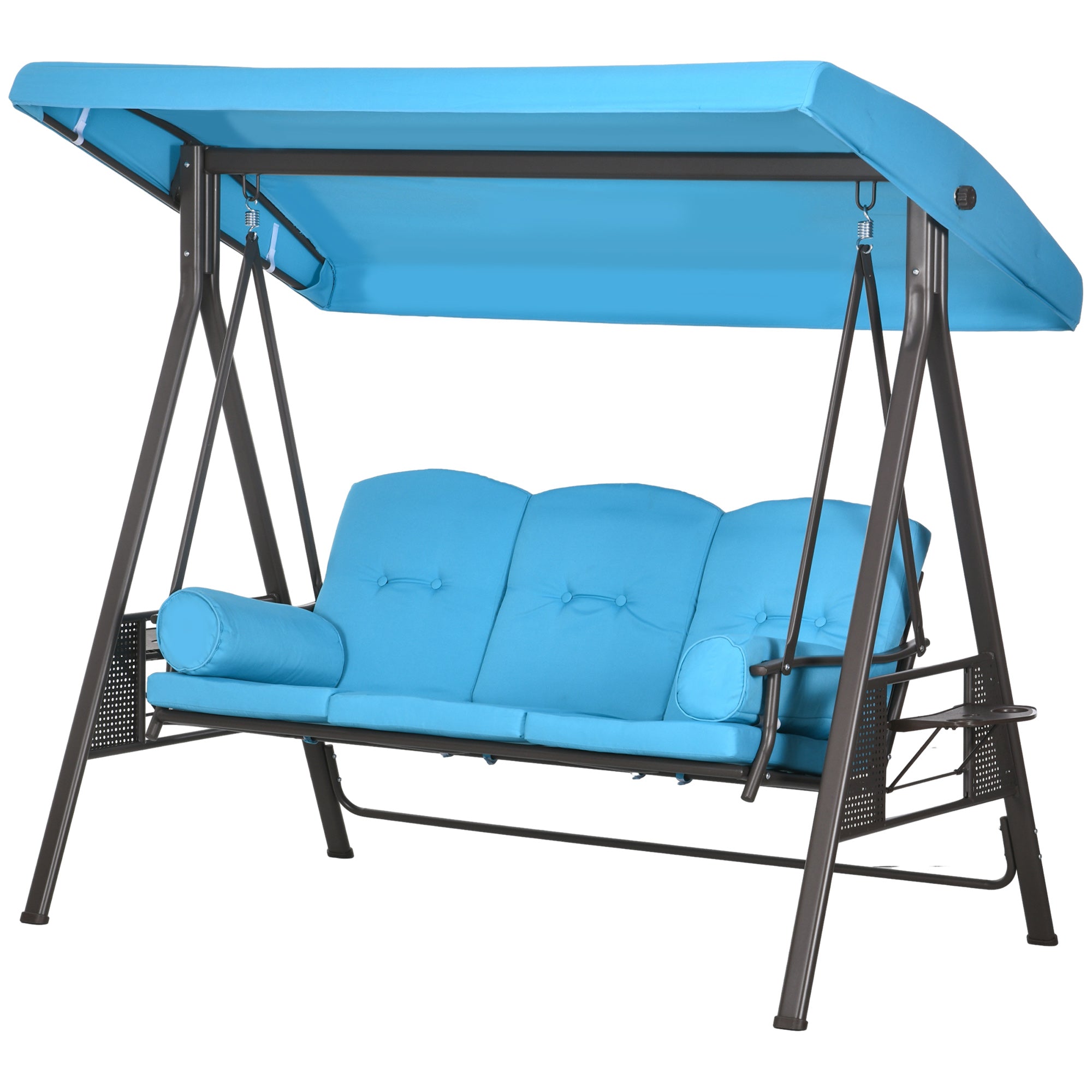 Outsunny 3 Seater Porch Swing Heavy Duty Outdoor Swing Chair Outdoor Lounge Hammock Cushioned Seat w/ Tilt Canopy, Light Blue