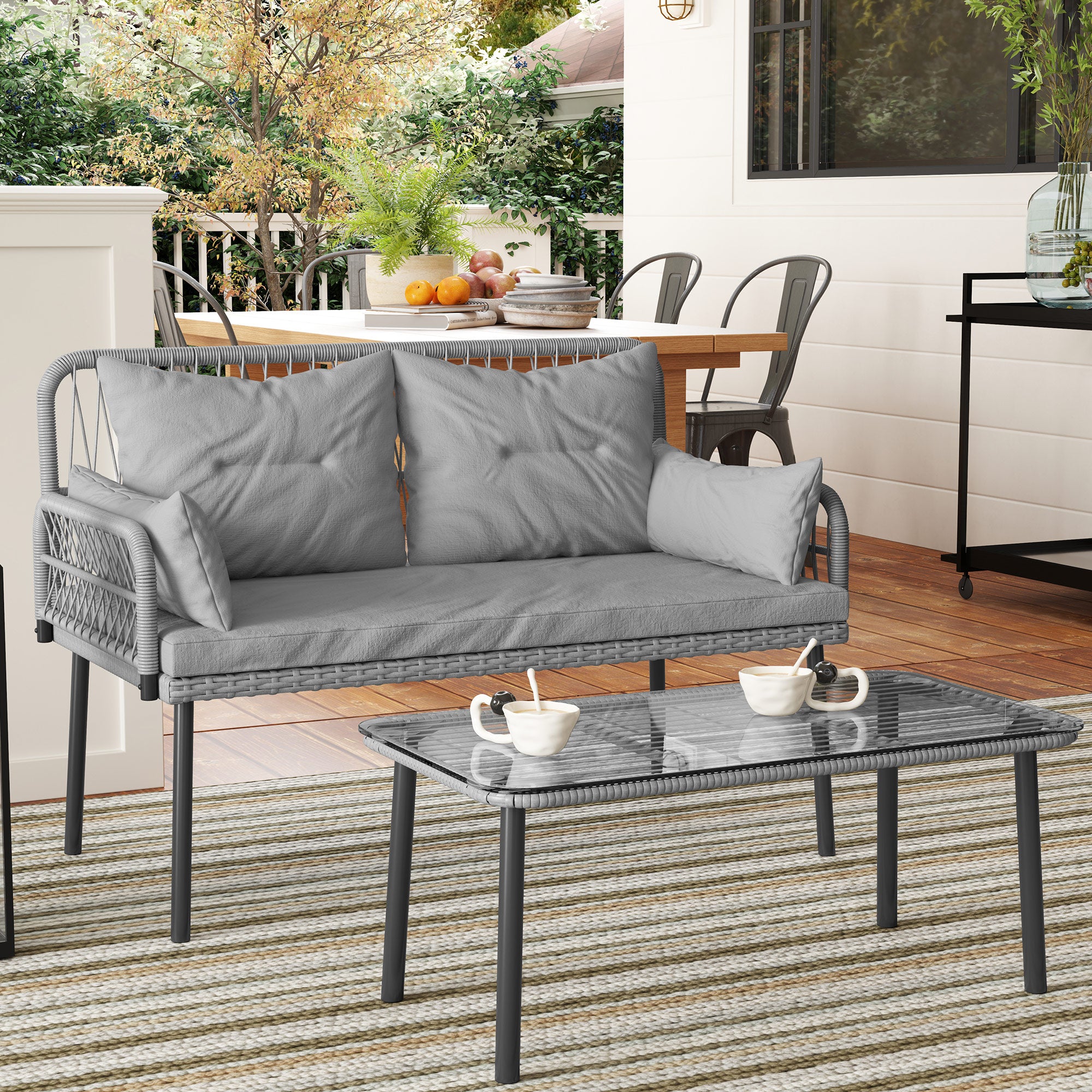 Outsunny 2 Pieces Wicker Patio Furniture Set, Small Patio Set with Outdoor Loveseat, Glass Top Coffee Table, Rattan Outdoor Furniture with Cushions for Backyard, Porch, Light Grey