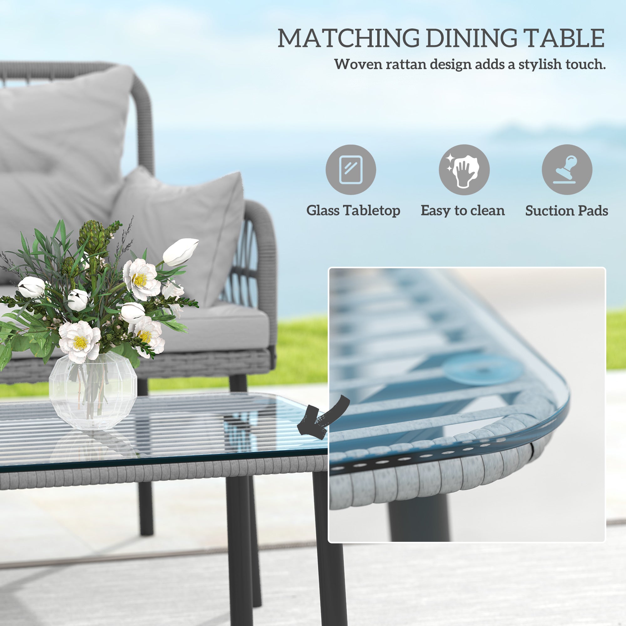 Outsunny 2 Pieces Wicker Patio Furniture Set, Small Patio Set with Outdoor Loveseat, Glass Top Coffee Table, Rattan Outdoor Furniture with Cushions for Backyard, Porch, Light Grey