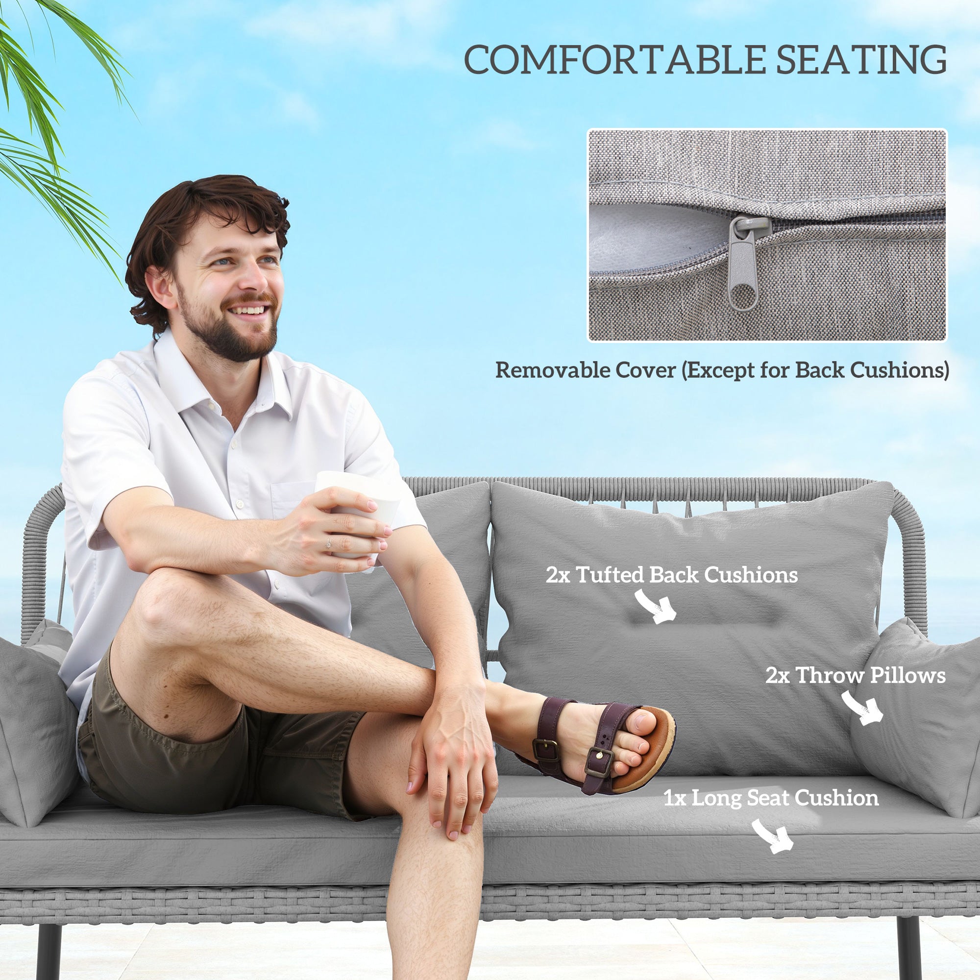 Outsunny 2 Pieces Wicker Patio Furniture Set, Small Patio Set with Outdoor Loveseat, Glass Top Coffee Table, Rattan Outdoor Furniture with Cushions for Backyard, Porch, Light Grey