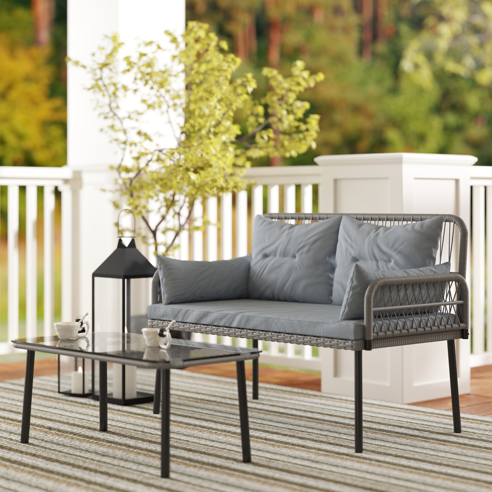 Outsunny 2 Pieces Wicker Patio Furniture Set, Small Patio Set with Outdoor Loveseat, Glass Top Coffee Table, Rattan Outdoor Furniture with Cushions for Backyard, Porch, Light Grey