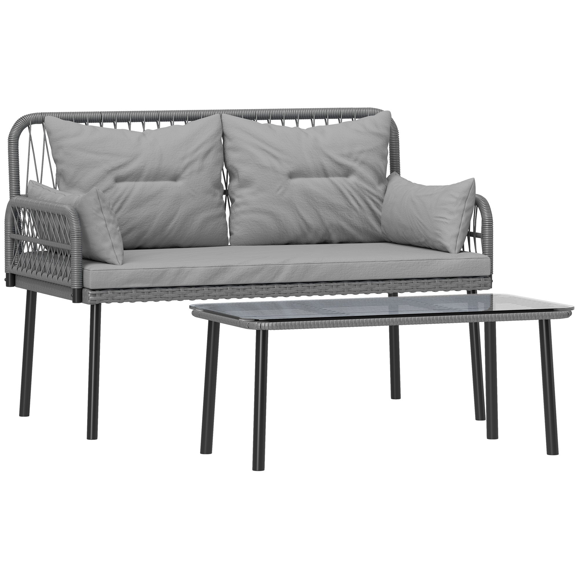 Outsunny 2 Pieces Wicker Patio Furniture Set, Small Patio Set with Outdoor Loveseat, Glass Top Coffee Table, Rattan Outdoor Furniture with Cushions for Backyard, Porch, Light Grey