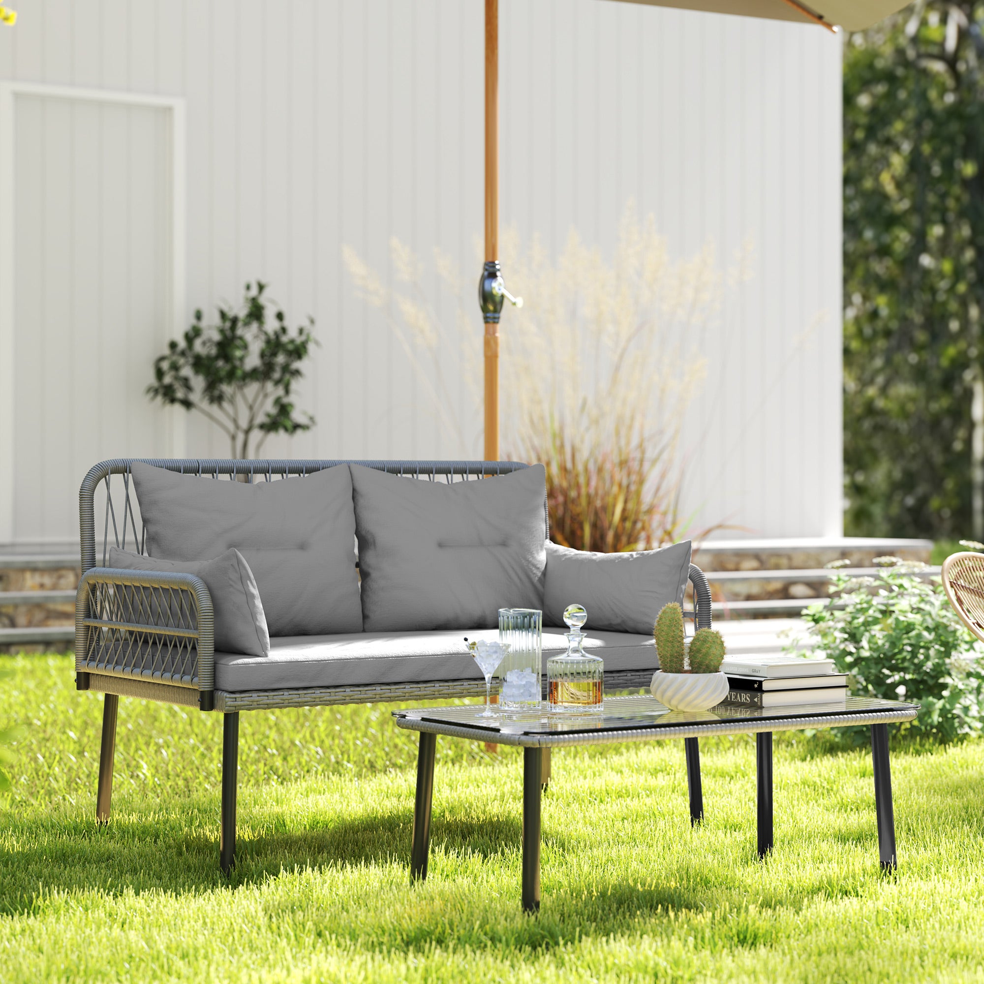 Outsunny 2 Pieces Wicker Patio Furniture Set, Small Patio Set with Outdoor Loveseat, Glass Top Coffee Table, Rattan Outdoor Furniture with Cushions for Backyard, Porch, Light Grey