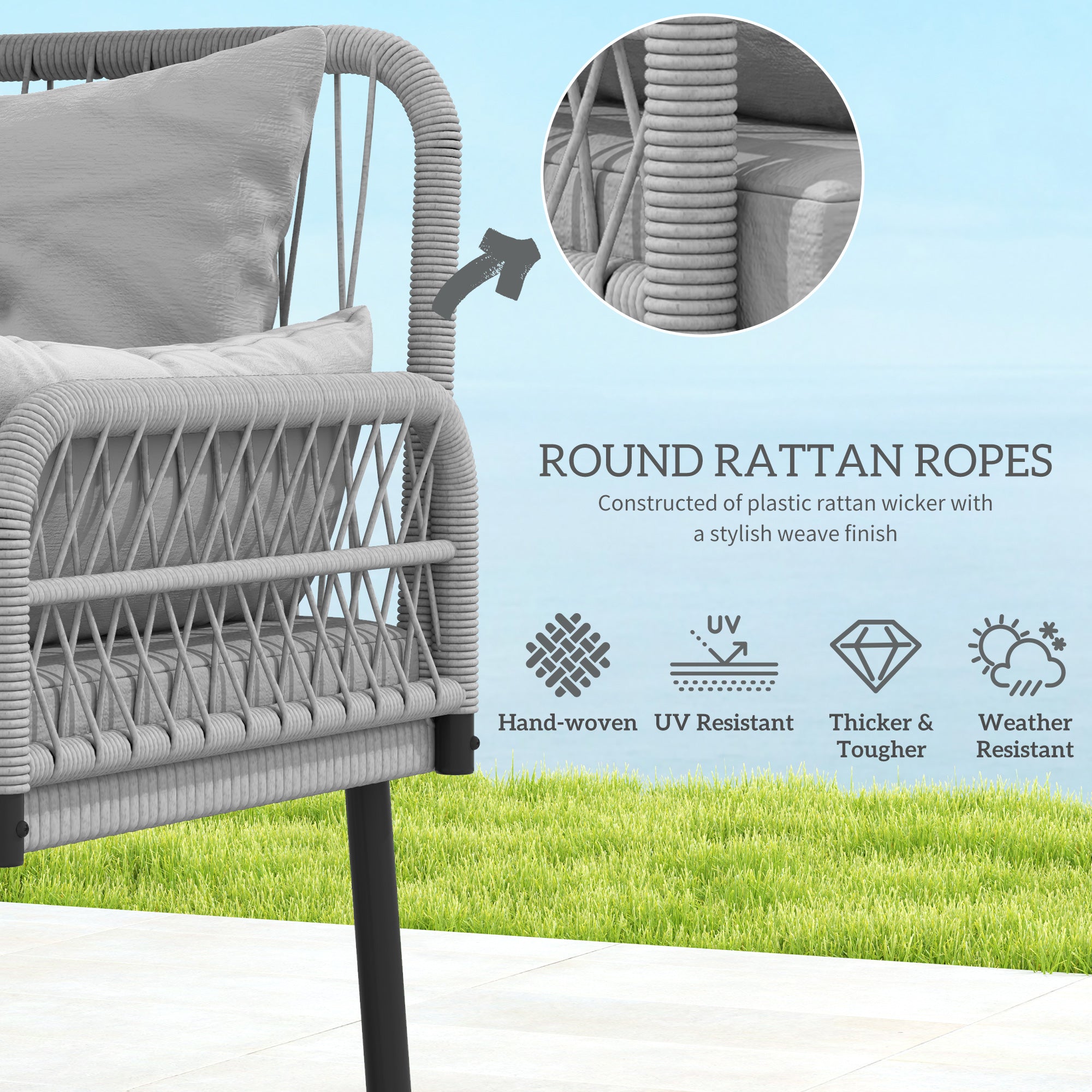 Outsunny 2 Pieces Wicker Patio Furniture Set, Small Patio Set with Outdoor Loveseat, Glass Top Coffee Table, Rattan Outdoor Furniture with Cushions for Backyard, Porch, Light Grey