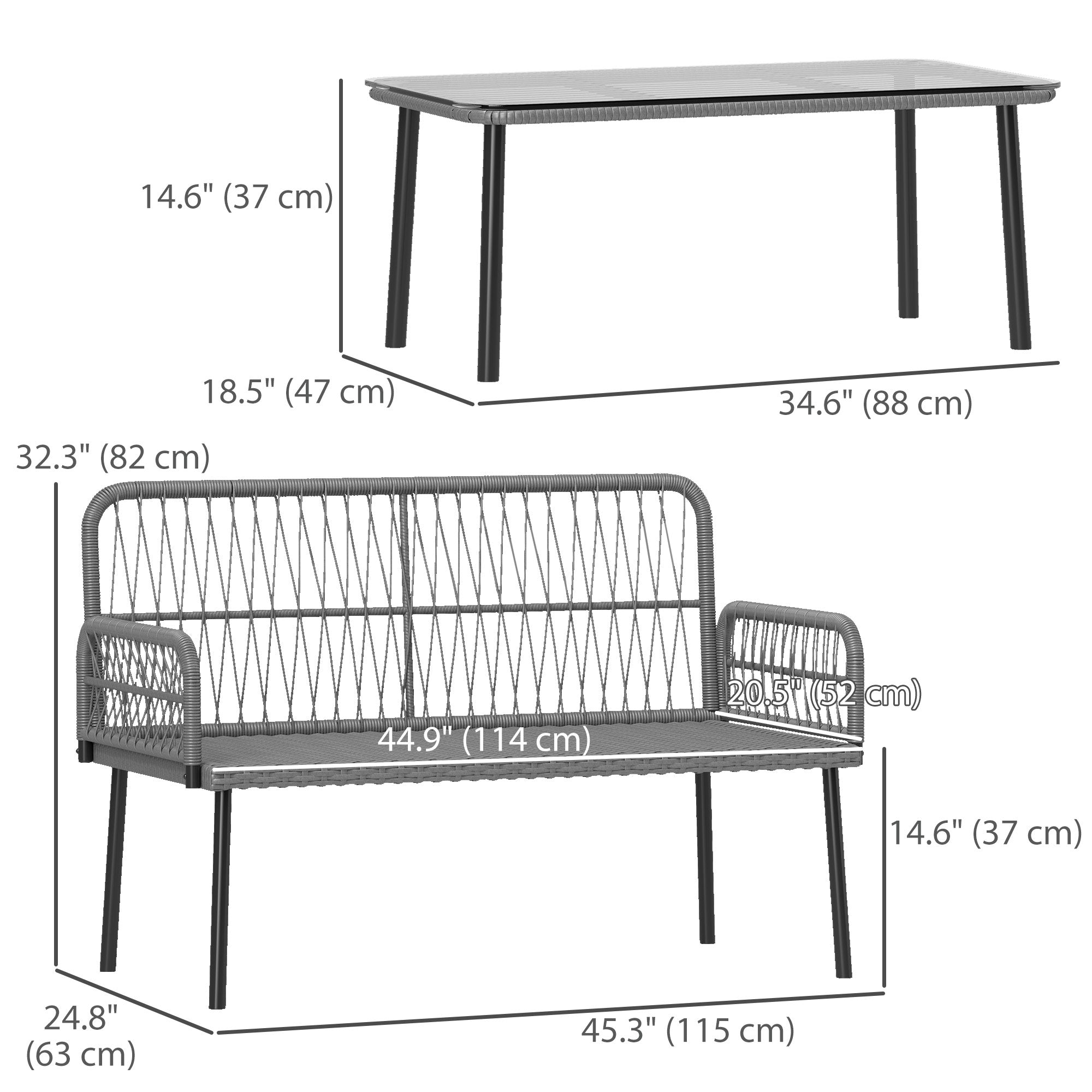 Outsunny 2 Pieces Wicker Patio Furniture Set, Small Patio Set with Outdoor Loveseat, Glass Top Coffee Table, Rattan Outdoor Furniture with Cushions for Backyard, Porch, Light Grey