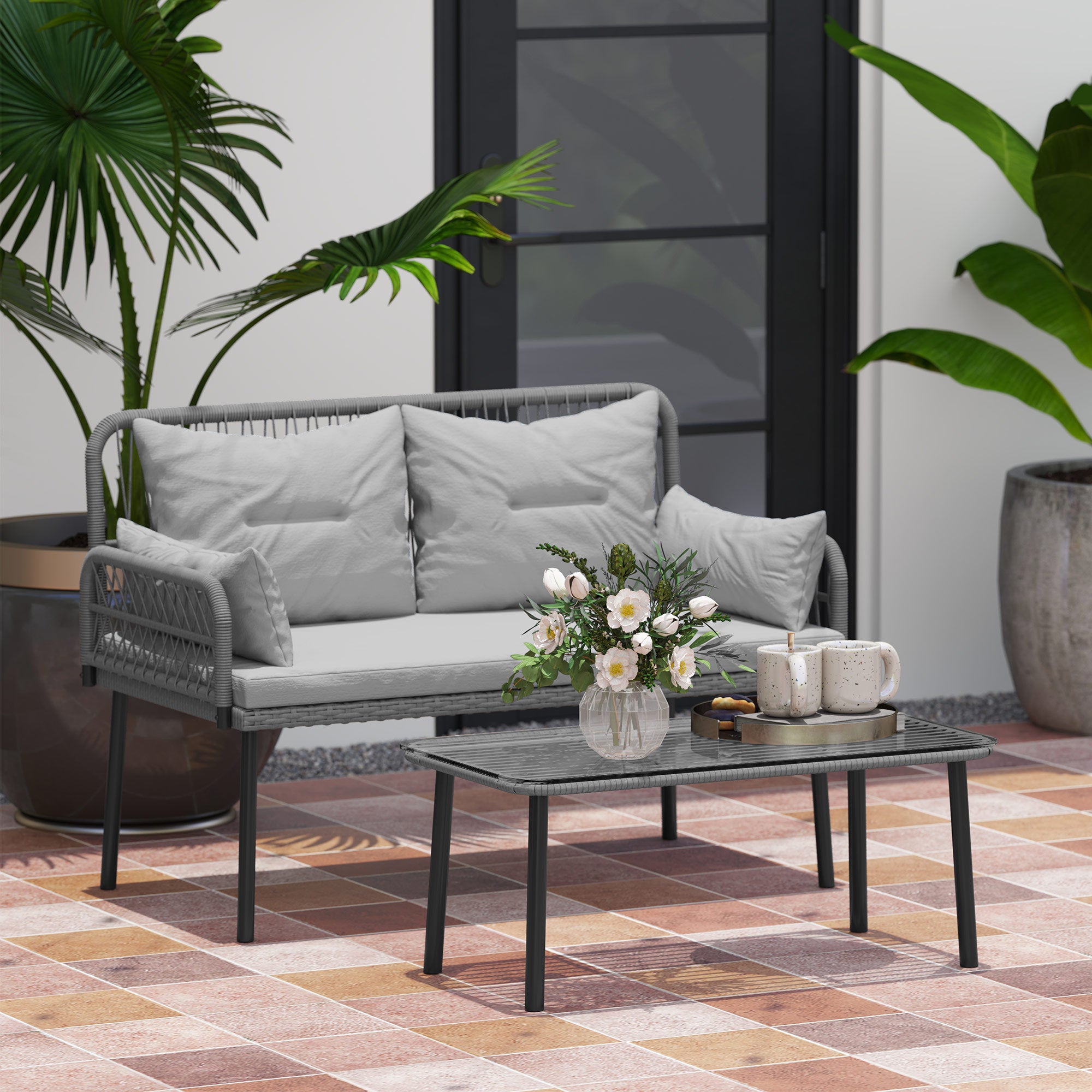 Outsunny 2 Pieces Wicker Patio Furniture Set, Small Patio Set with Outdoor Loveseat, Glass Top Coffee Table, Rattan Outdoor Furniture with Cushions for Backyard, Porch, Light Grey