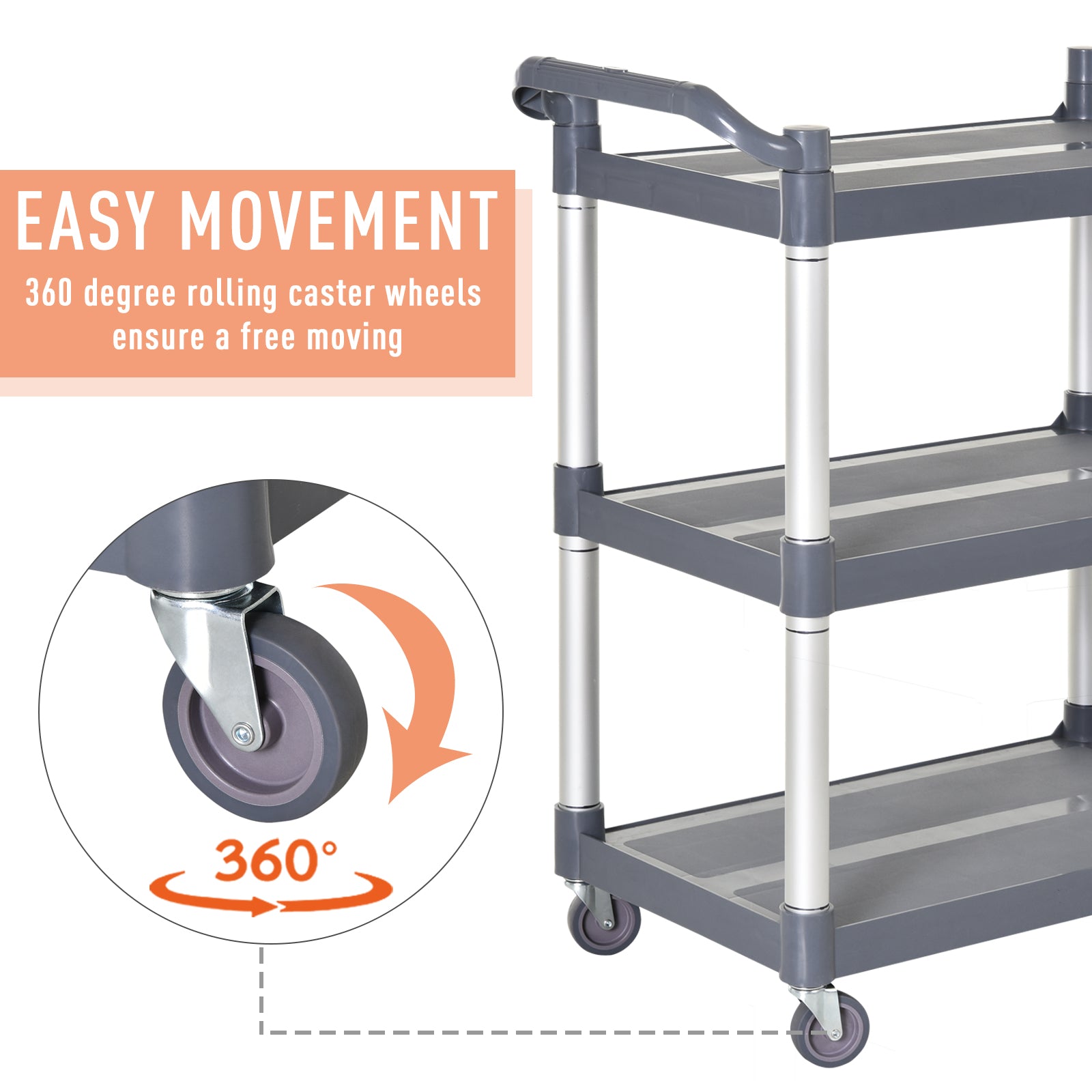 HOMCOM 3-Tier Metal Clean Cart Large Rolling Storage Trolley with 3 Shelves Utility Service Cart,  Restaurant, Hotel, Livingroom, Silver and Grey
