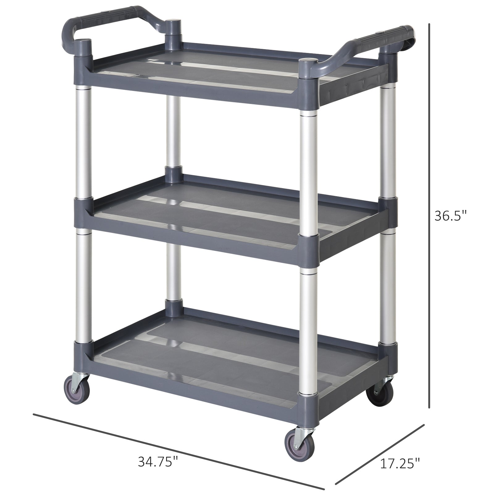 HOMCOM 3-Tier Metal Clean Cart Large Rolling Storage Trolley with 3 Shelves Utility Service Cart,  Restaurant, Hotel, Livingroom, Silver and Grey